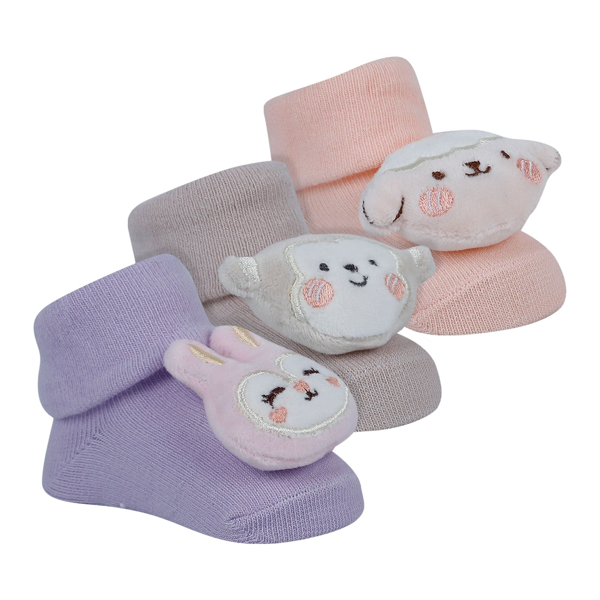 Baby Moo Monkey Bunny 3D Rattle Anti-Skid Socks Booties Pack of 3 - Purple