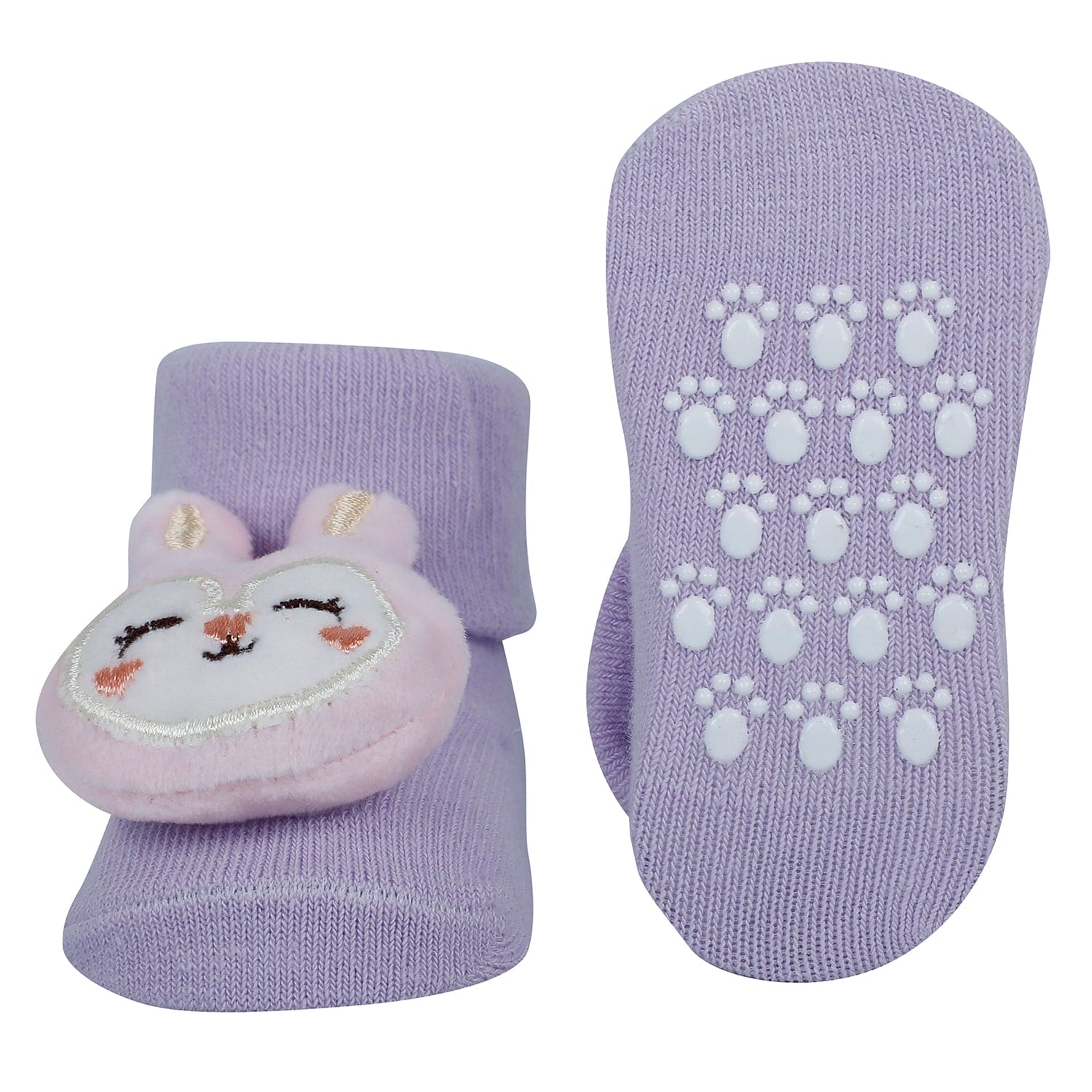 Baby Moo Monkey Bunny 3D Rattle Anti-Skid Socks Booties Pack of 3 - Purple