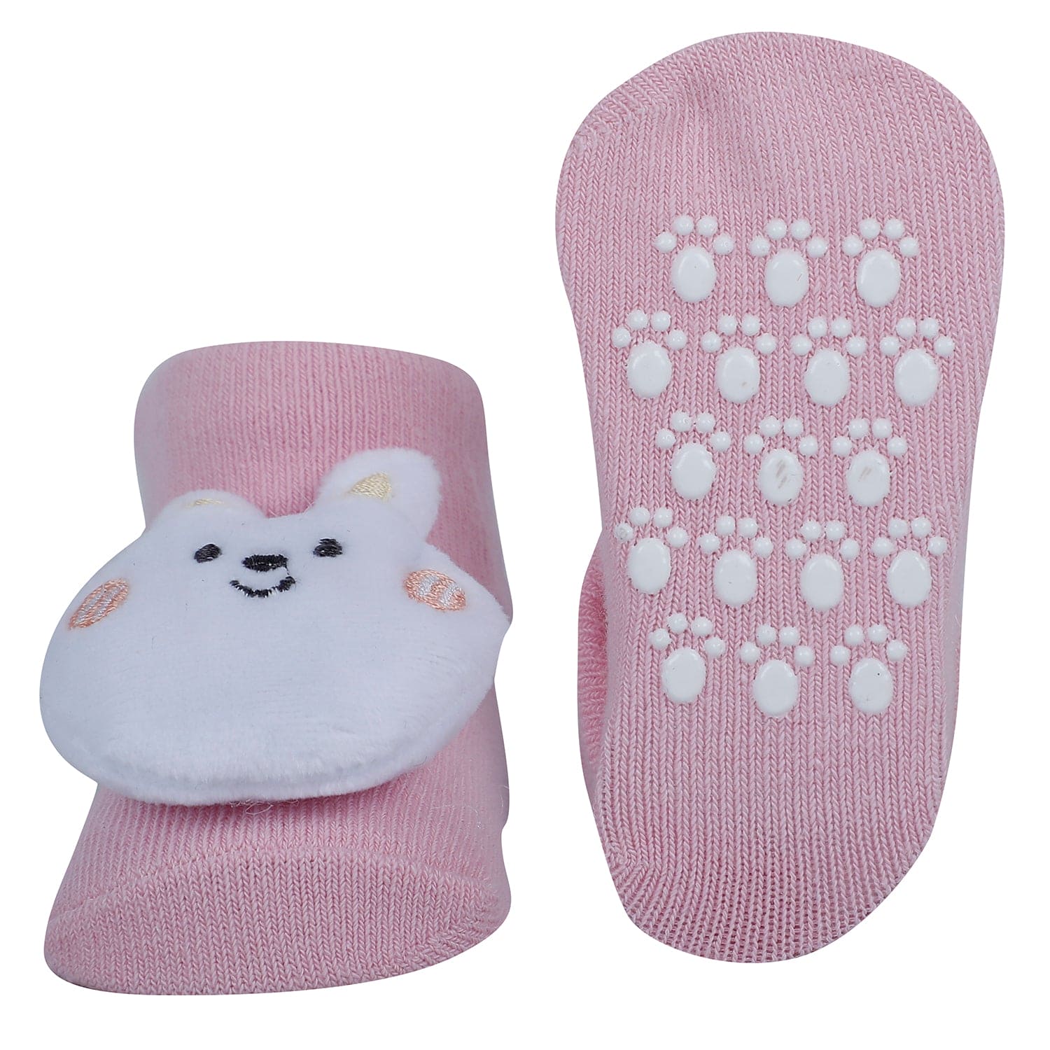 Baby Moo Penguin And Bunny 3D Rattle Anti-Skid Socks Booties Pack of 2 - Cream, Pink