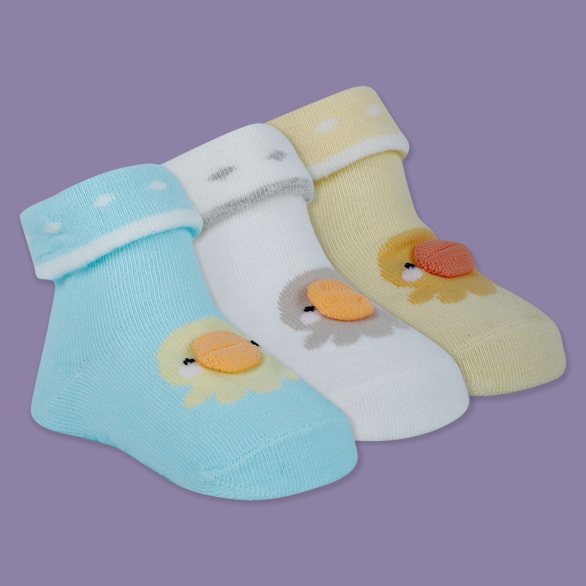 Baby Moo Duck 3D Anti-Skid Socks Booties Pack of 3 - Blue