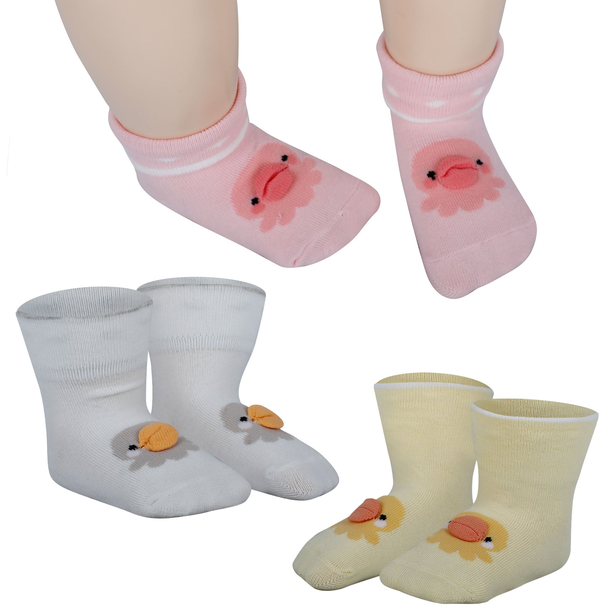 Baby Moo Duck 3D Anti-Skid Socks Booties Pack of 3 - Pink