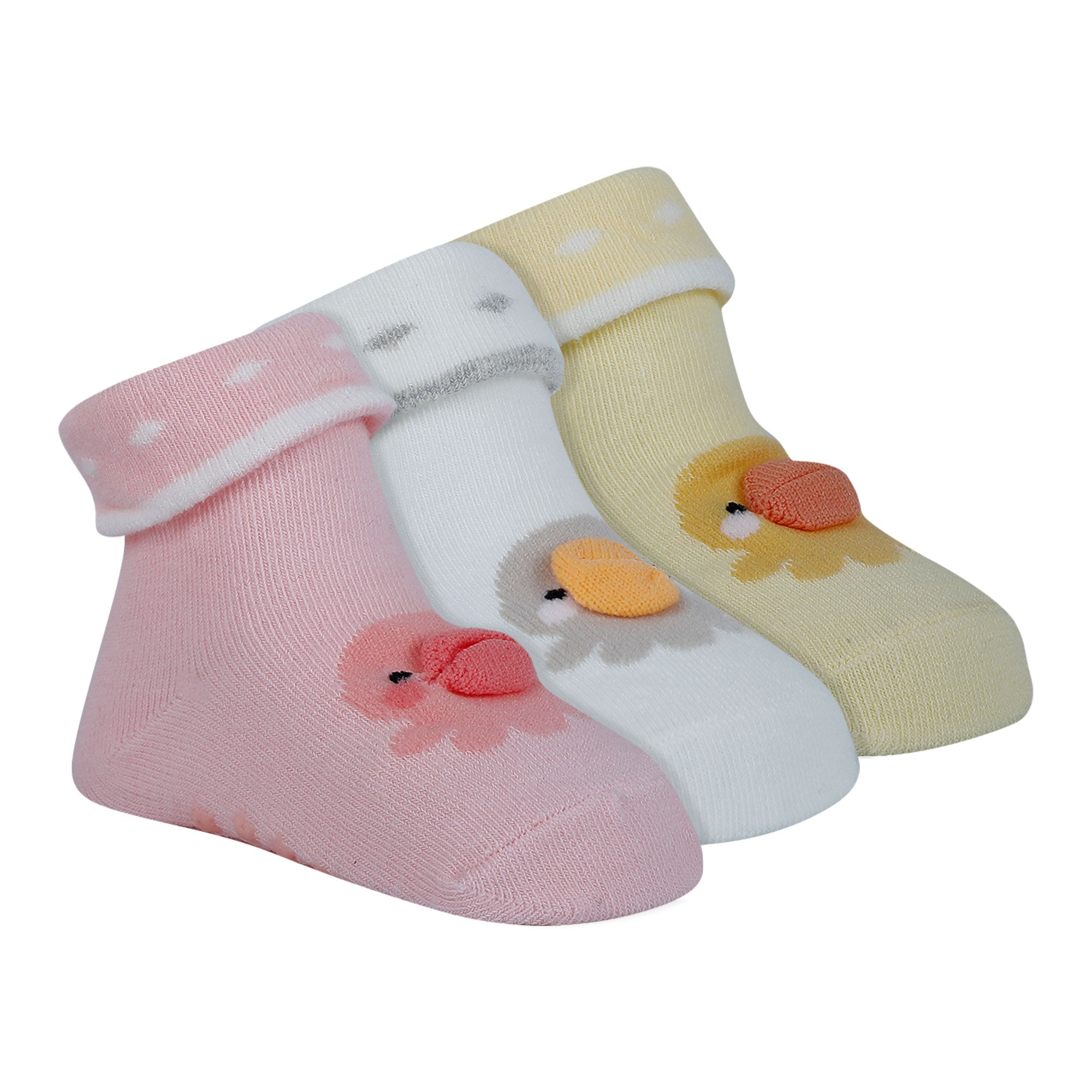 Baby Moo Duck 3D Anti-Skid Socks Booties Pack of 3 - Pink