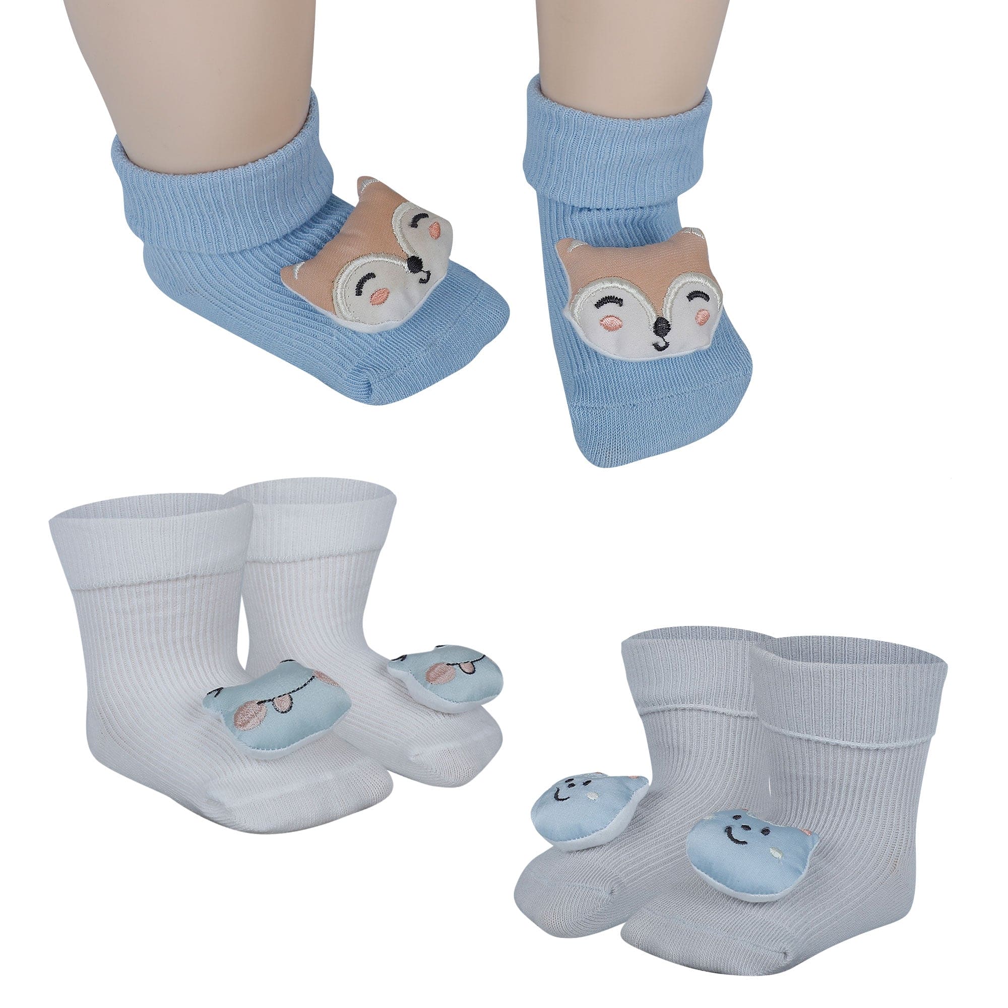 Baby Moo Fox Frog 3D Rattle Anti-Skid Socks Booties Pack of 3 - Blue