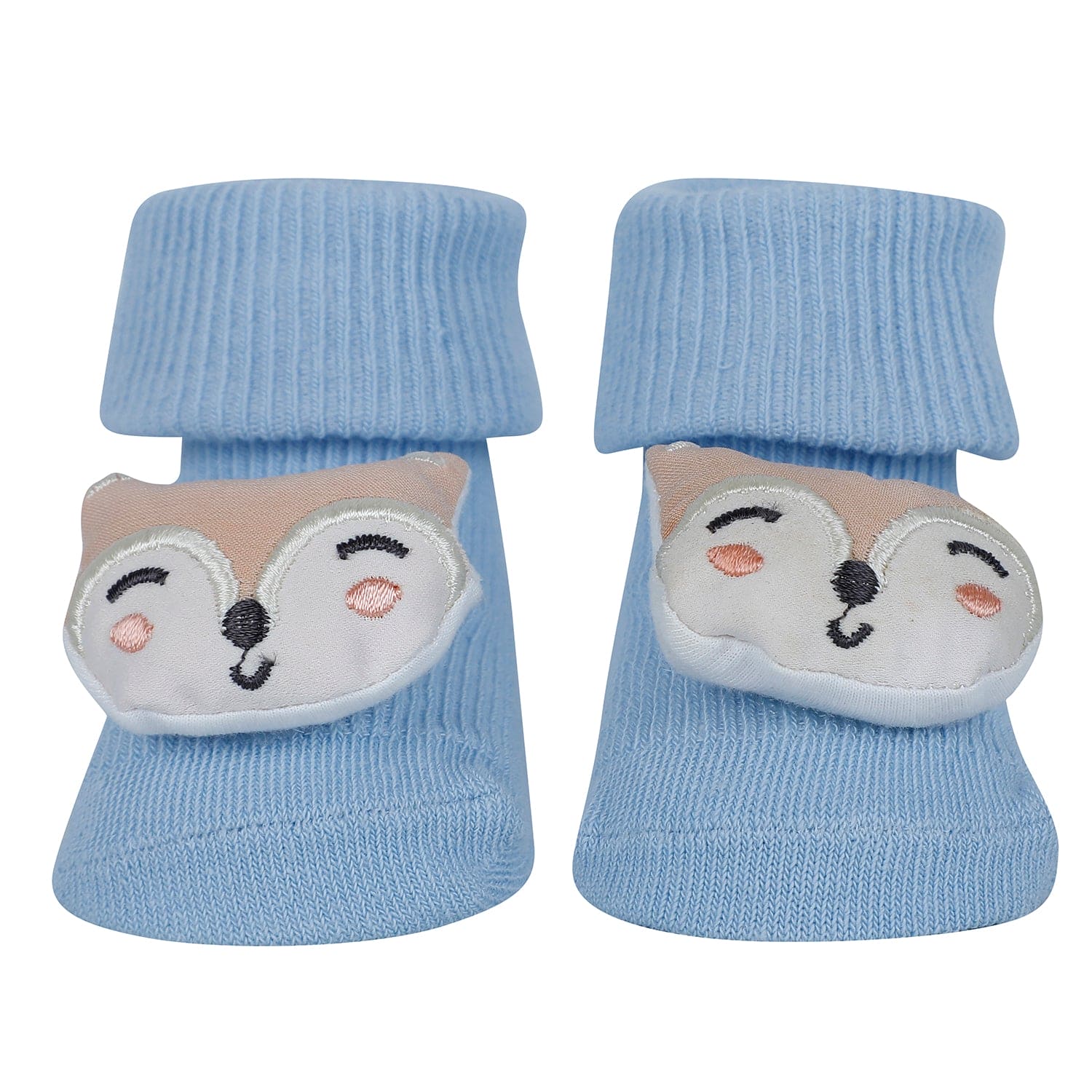 Baby Moo Fox Frog 3D Rattle Anti-Skid Socks Booties Pack of 3 - Blue