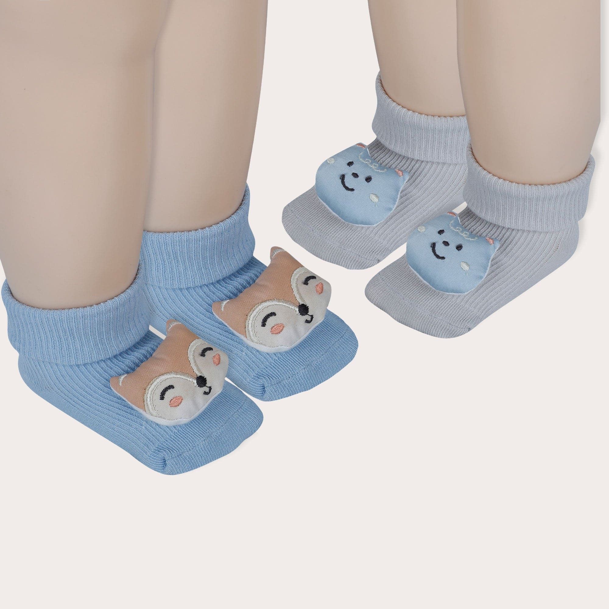 Baby Moo Deer And Cat 3D Rattle Anti-Skid Socks Booties Pack of 2 - Blue, Grey