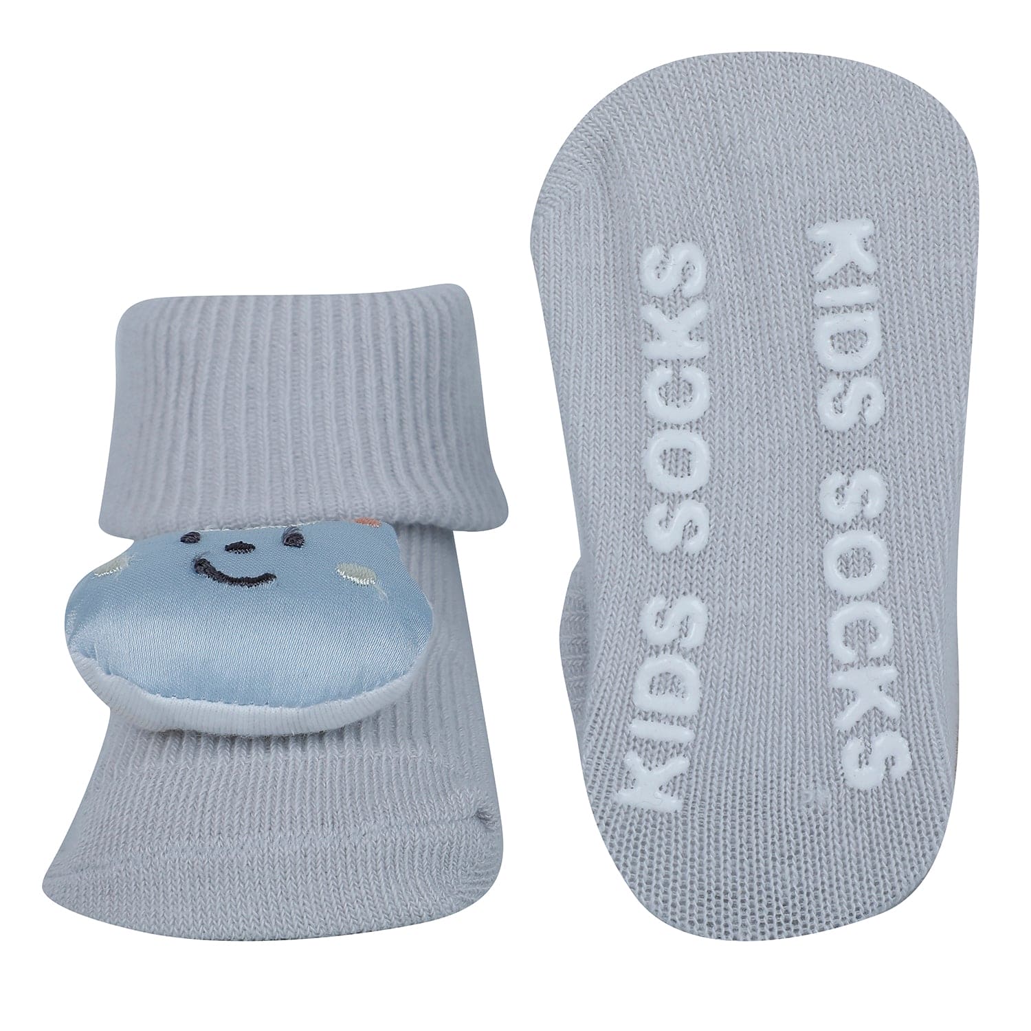 Baby Moo Deer And Cat 3D Rattle Anti-Skid Socks Booties Pack of 2 - Blue, Grey