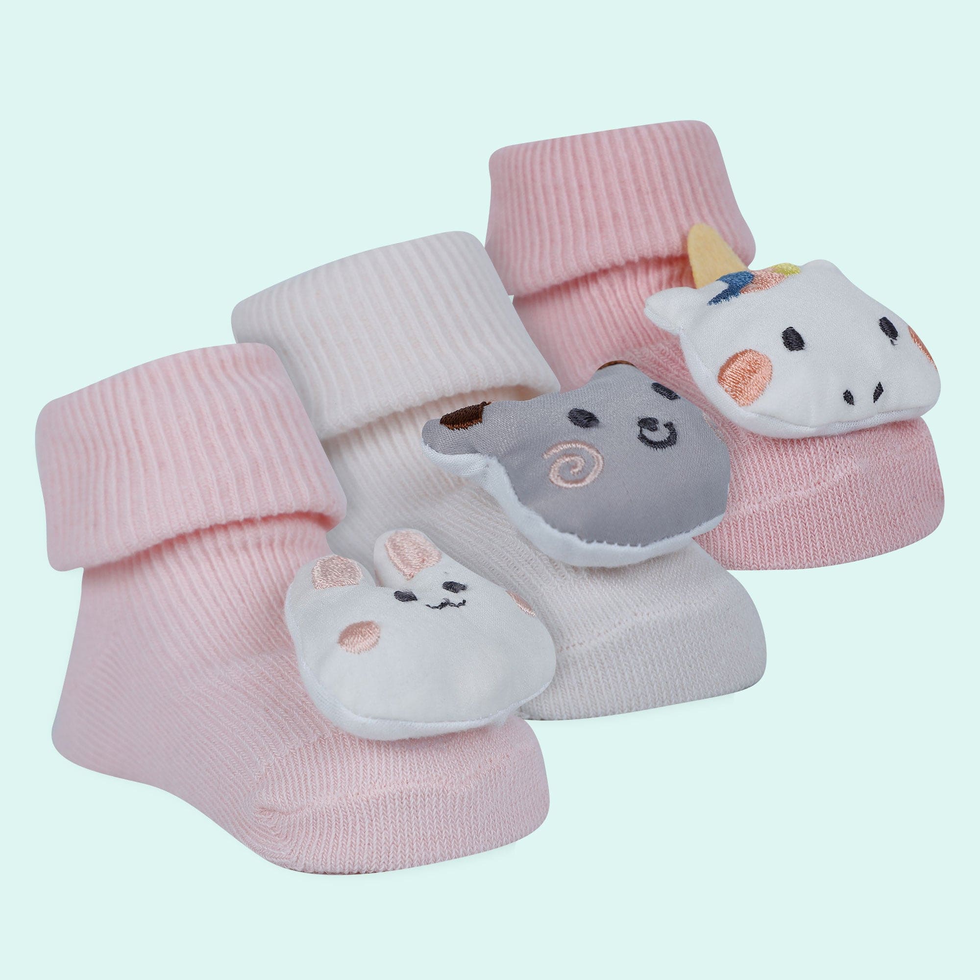 Baby Moo Unicorn 3D Rattle Anti-Skid Socks Booties Pack of 3 - Pink