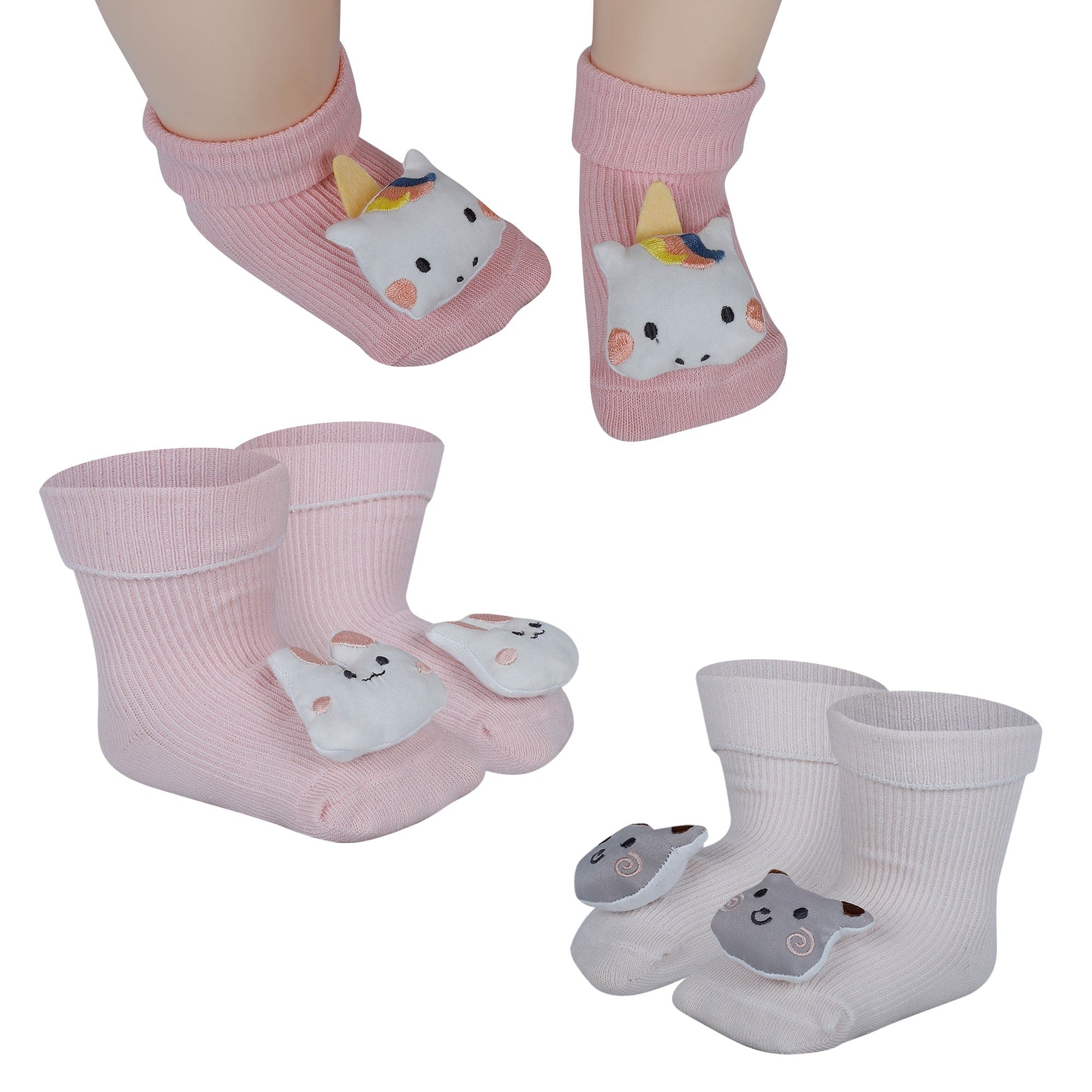 Baby Moo Unicorn 3D Rattle Anti-Skid Socks Booties Pack of 3 - Pink