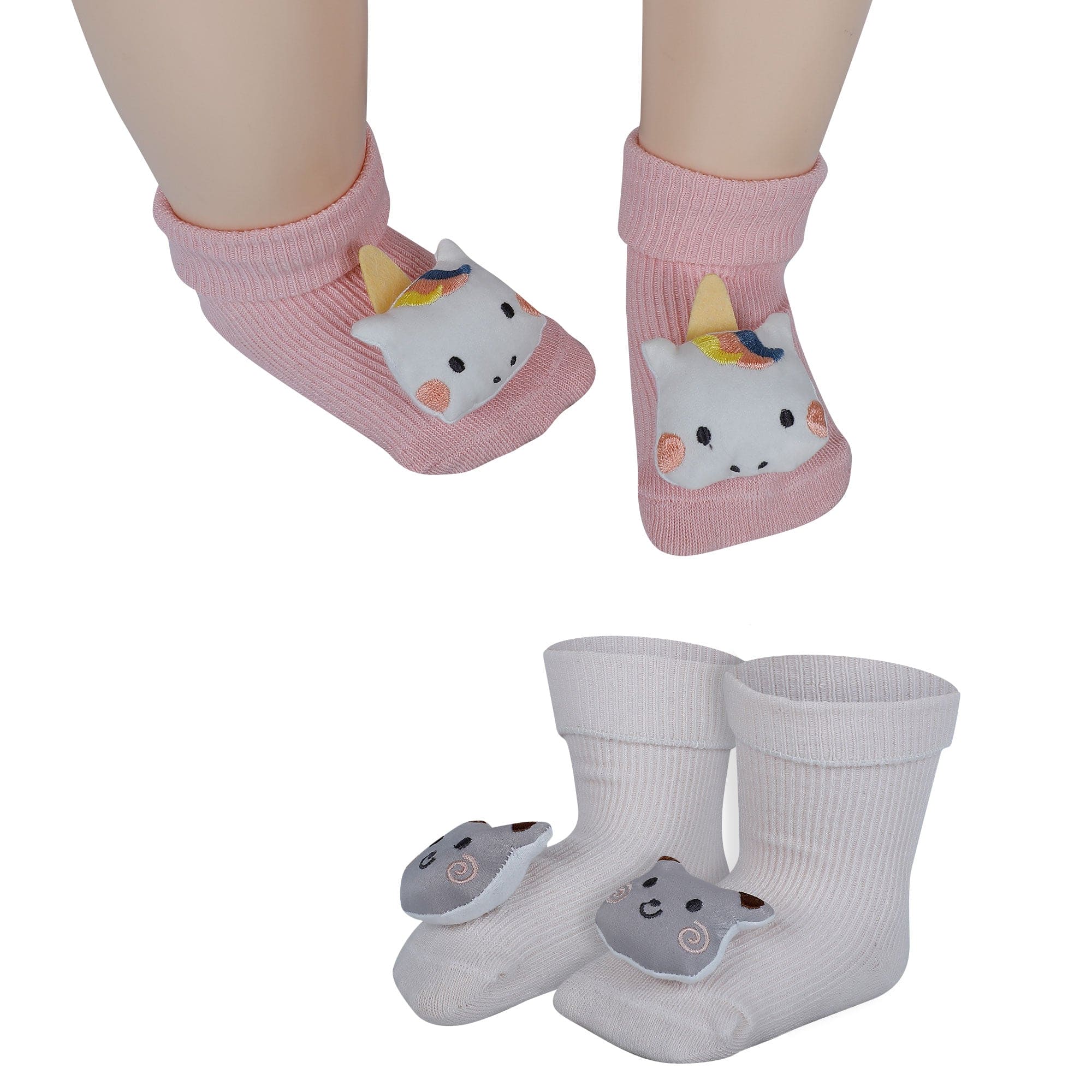 Baby Moo Unicorn 3D Rattle Anti-Skid Socks Booties Pack of 2 - Pink, Peach