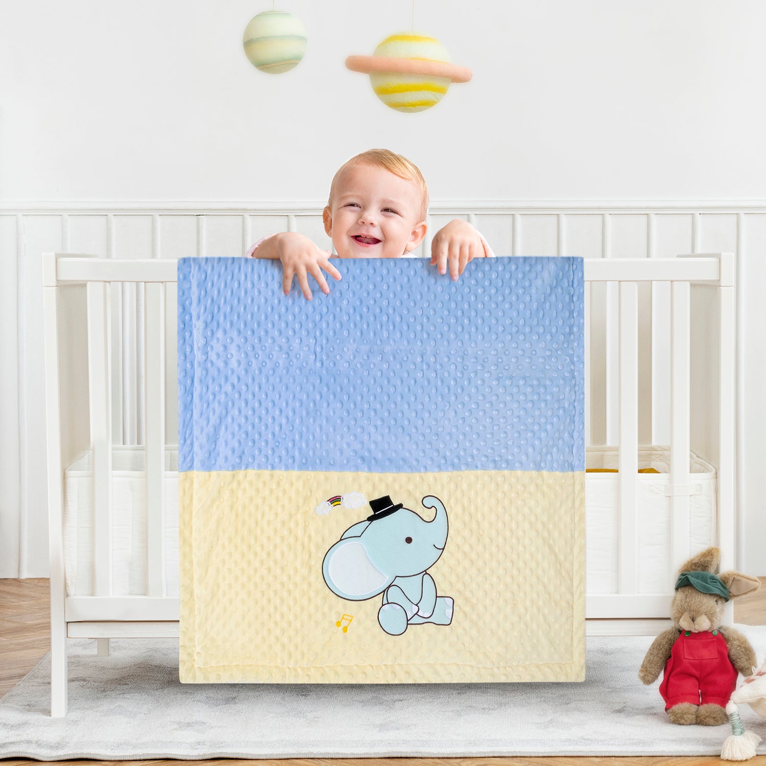 Baby Moo Festive Elephant Plush Cotton All Season Nursery Blanket - Blue