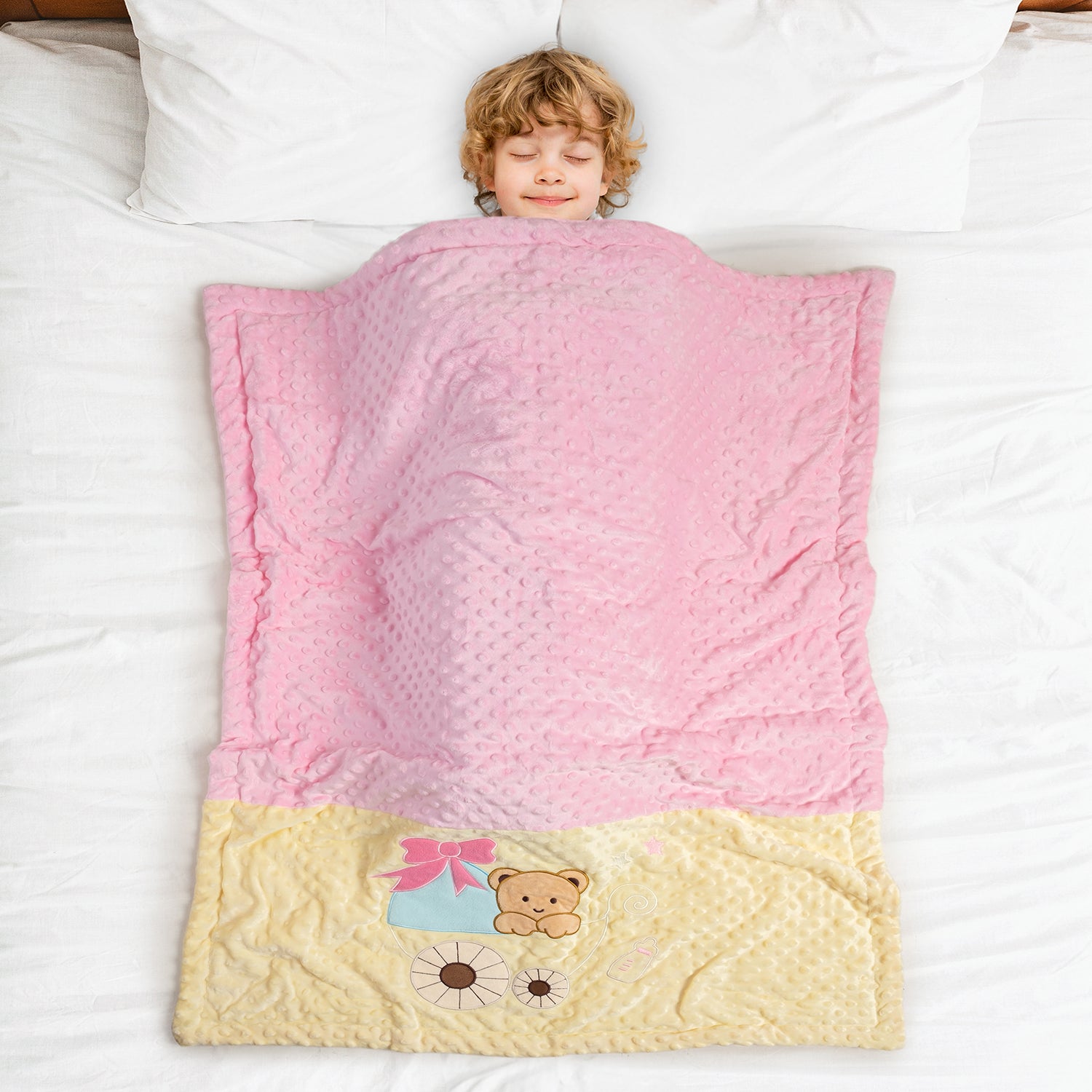 Baby Moo Bear in Pram Plush Cotton All Season Nursery Blanket - Pink