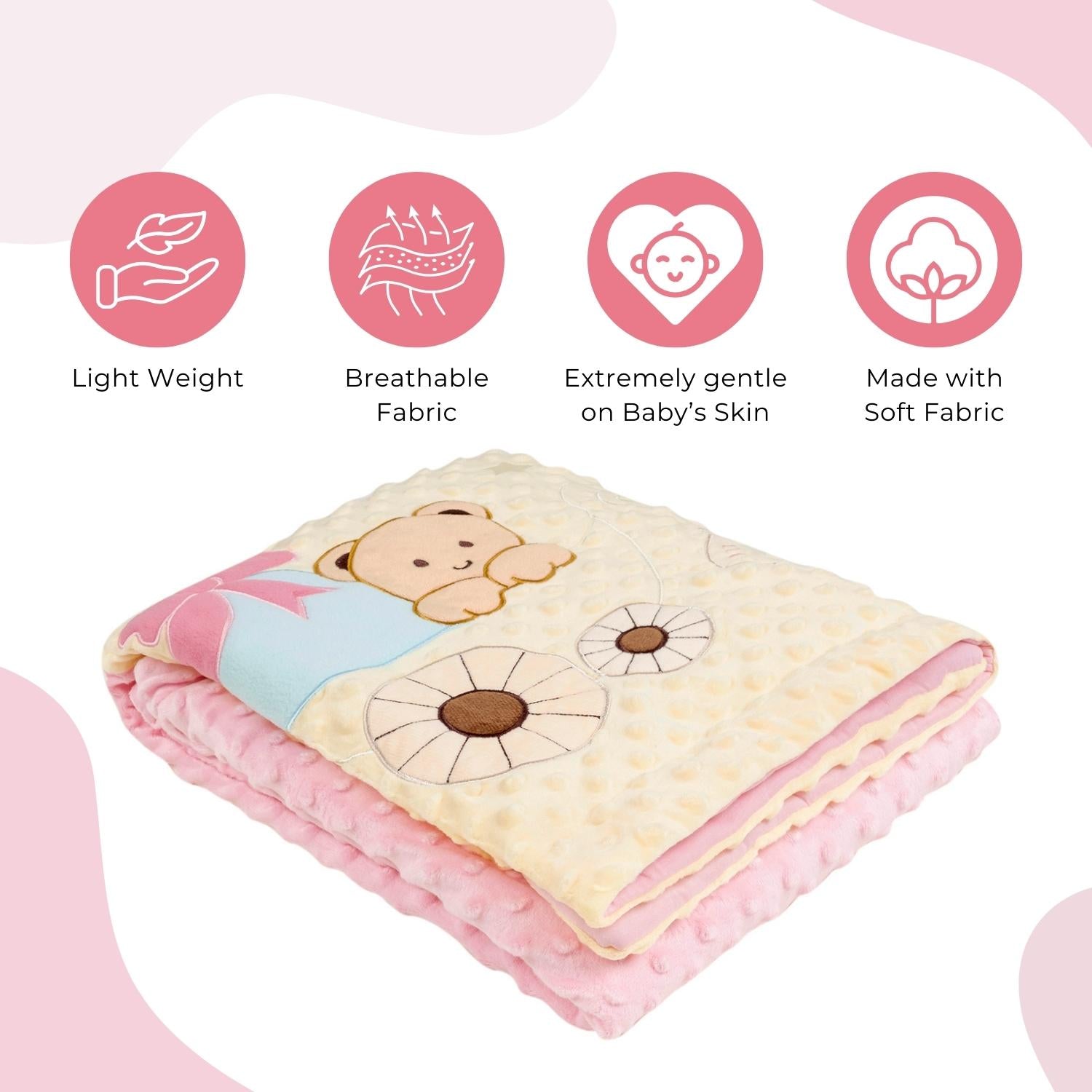 Baby Moo Bear in Pram Plush Cotton All Season Nursery Blanket - Pink