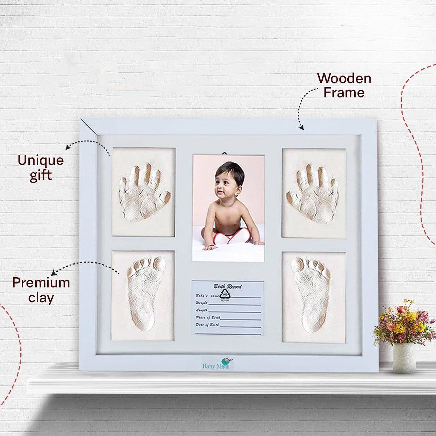 Baby Moo Clay Handprint And Footprint Impression Wooden Photo Frame For Infant Memories - White