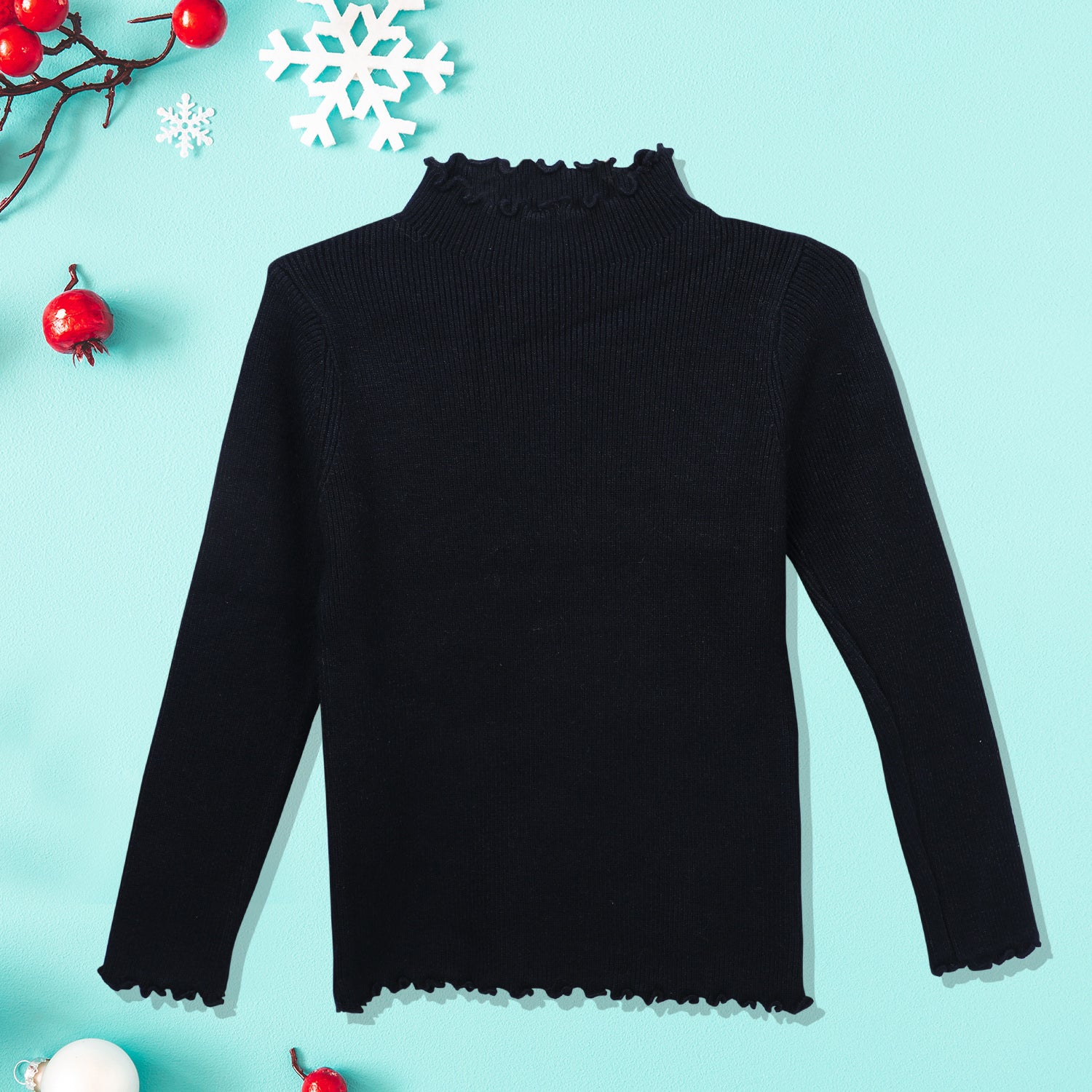 Basic Ribbed Premium Full Sleeves Knitted Kids Sweater - Black