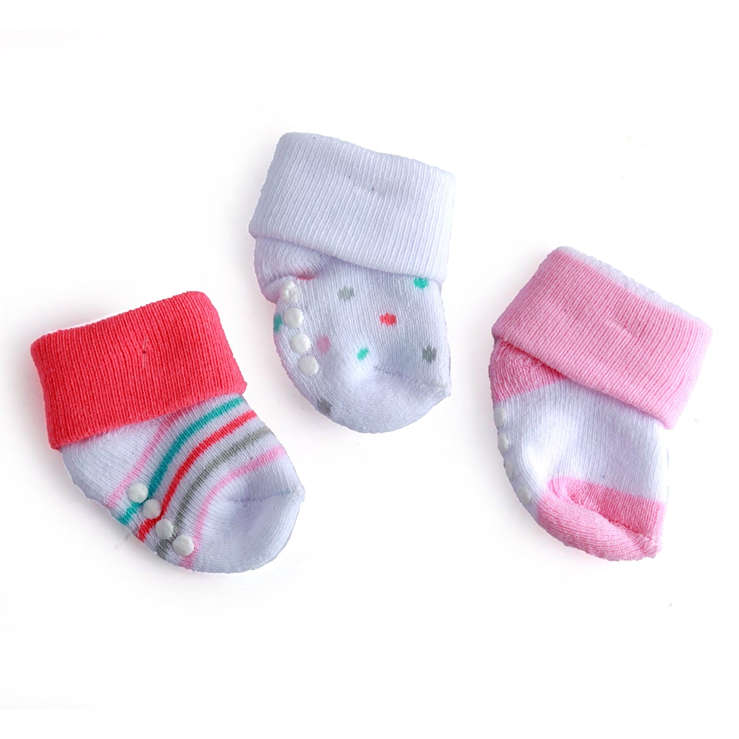 Striped And Polka Dot Pink 3 Pk Anti-Skid  Socks - Baby Moo