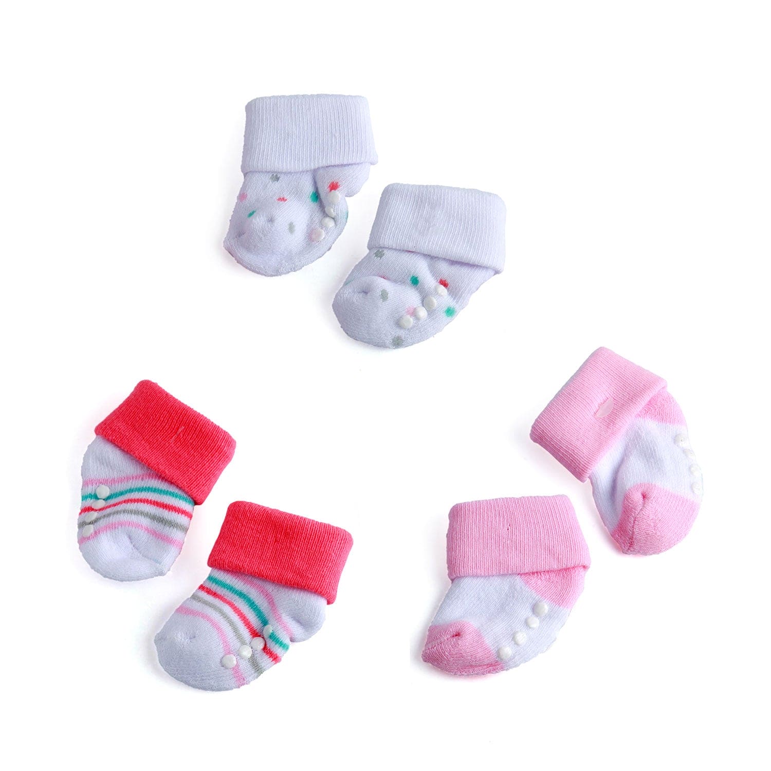 Striped And Polka Dot Pink 3 Pk Anti-Skid  Socks - Baby Moo