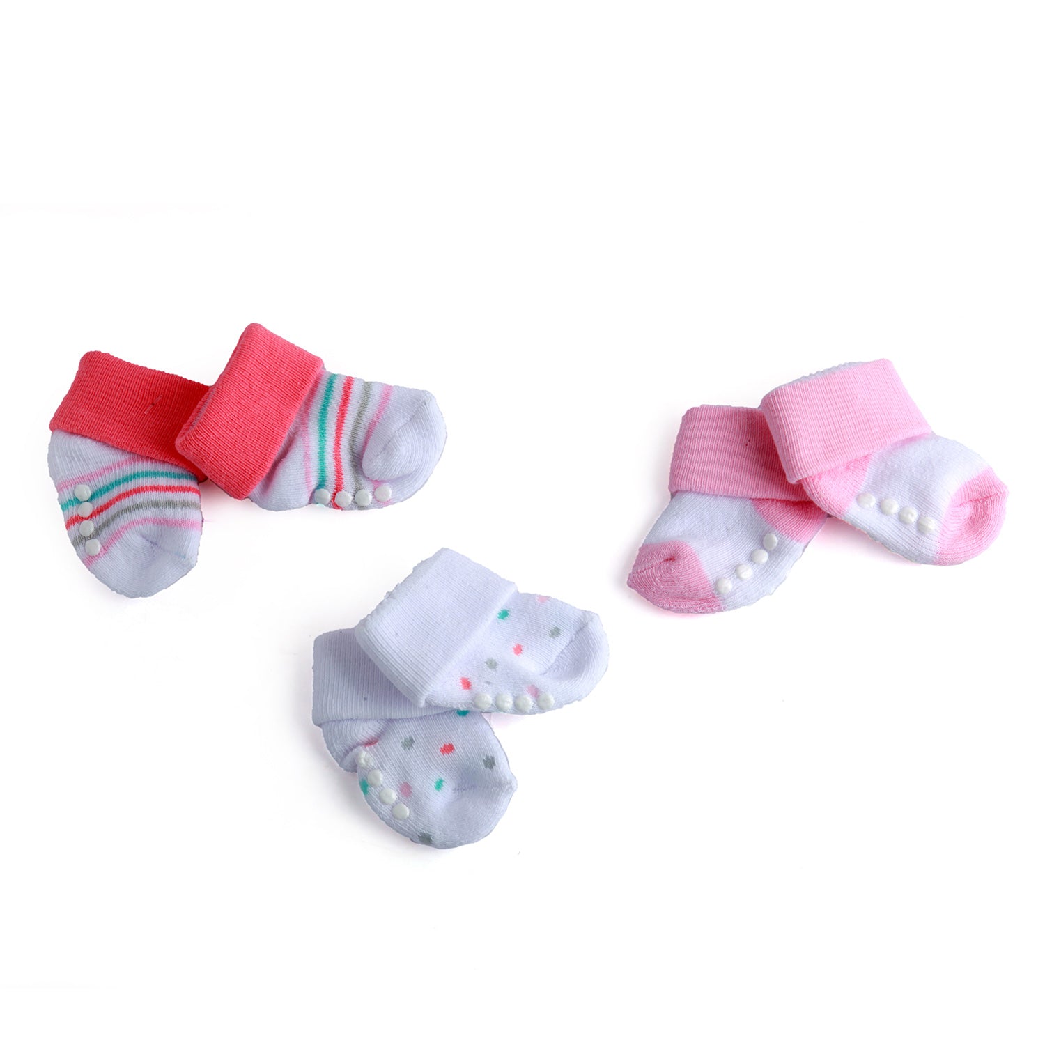 Striped And Polka Dot Pink 3 Pk Anti-Skid  Socks - Baby Moo