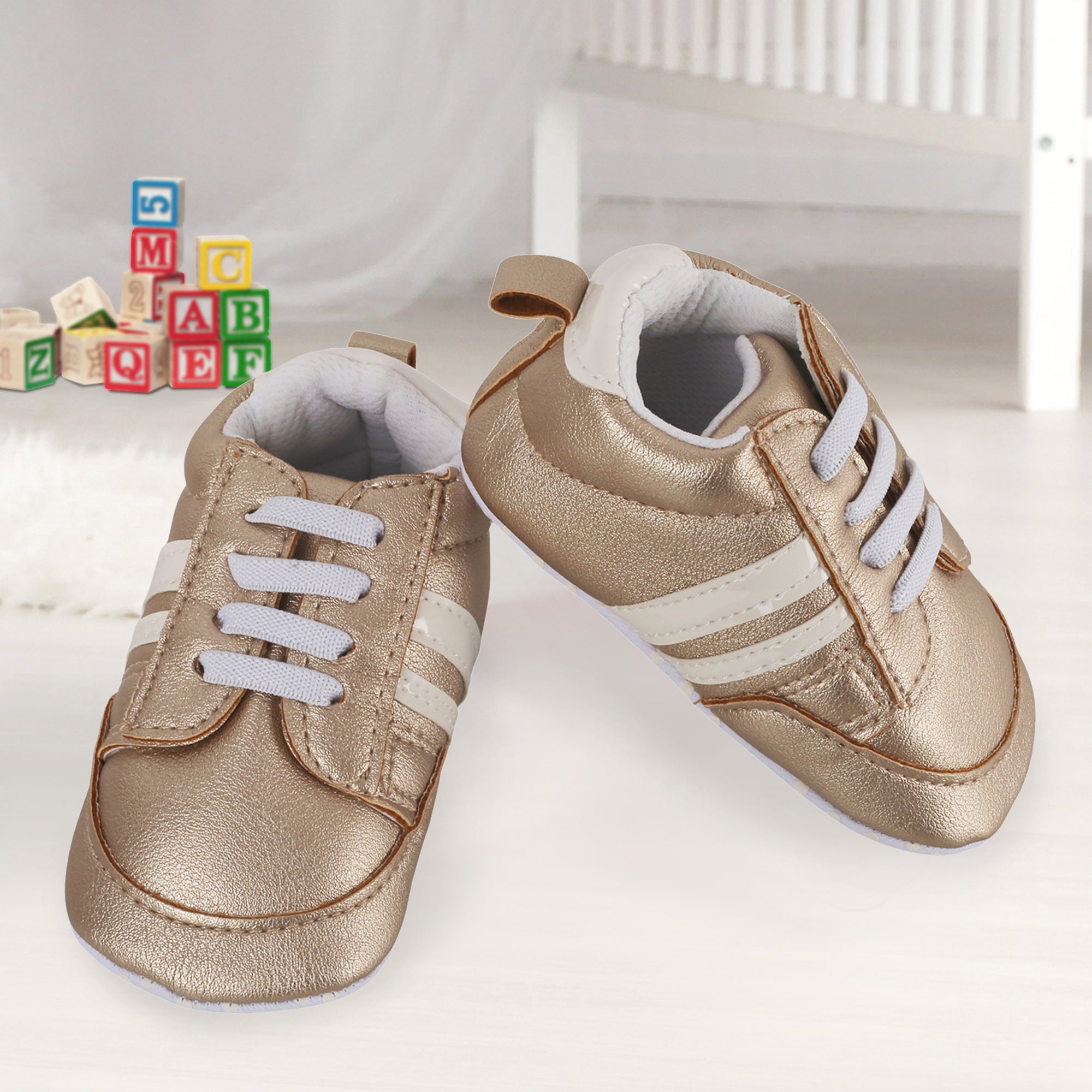 Baby Moo Striped Metallic Gold Lace Up Sneakers Booties