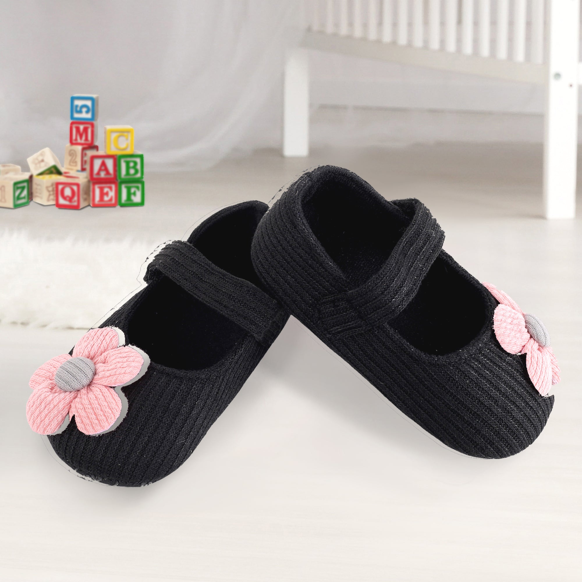 Baby Moo Floral Applique Black And Pink Booties - Baby Moo