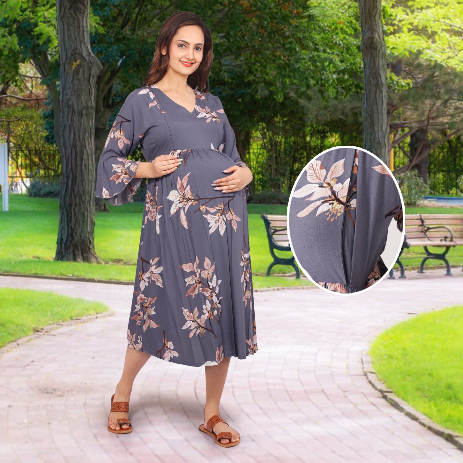 Baby Moo Half Bell Sleeves Comfortable Nursing And Maternity Dress Flower Print - Grey - Baby Moo