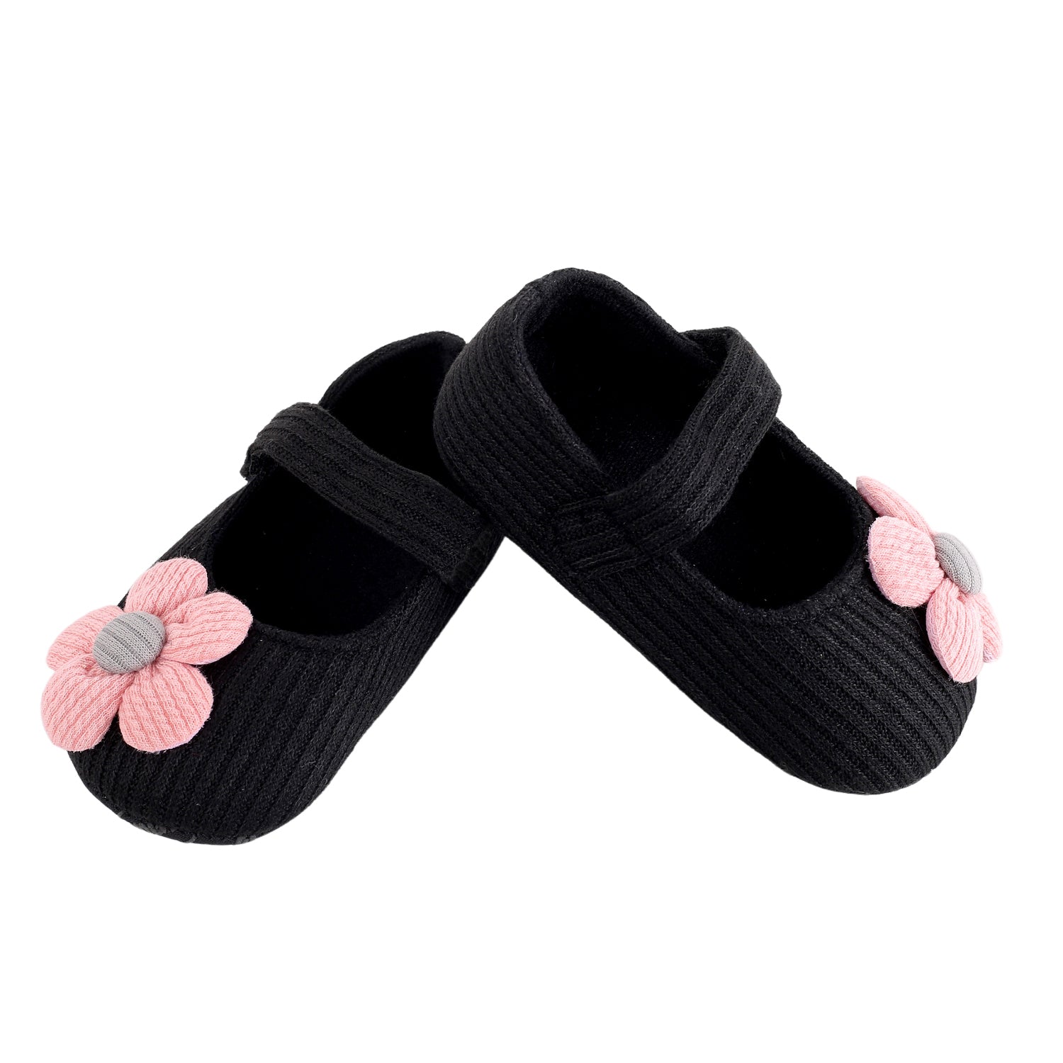 Baby Moo Floral Applique Black And Pink Booties - Baby Moo
