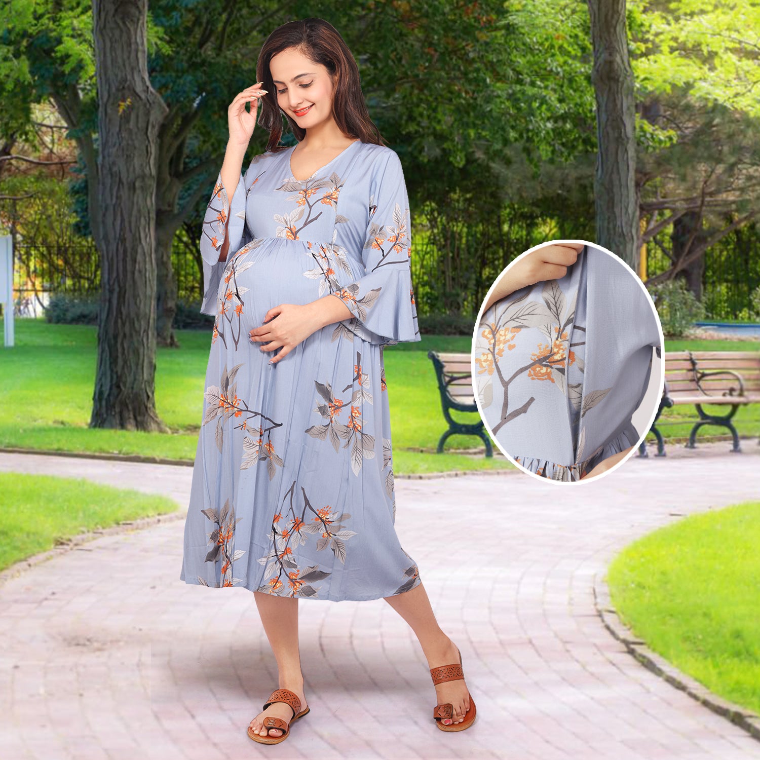 Baby Moo Half Bell Sleeves Comfortable Nursing And Maternity Dress Flower Print - Blue