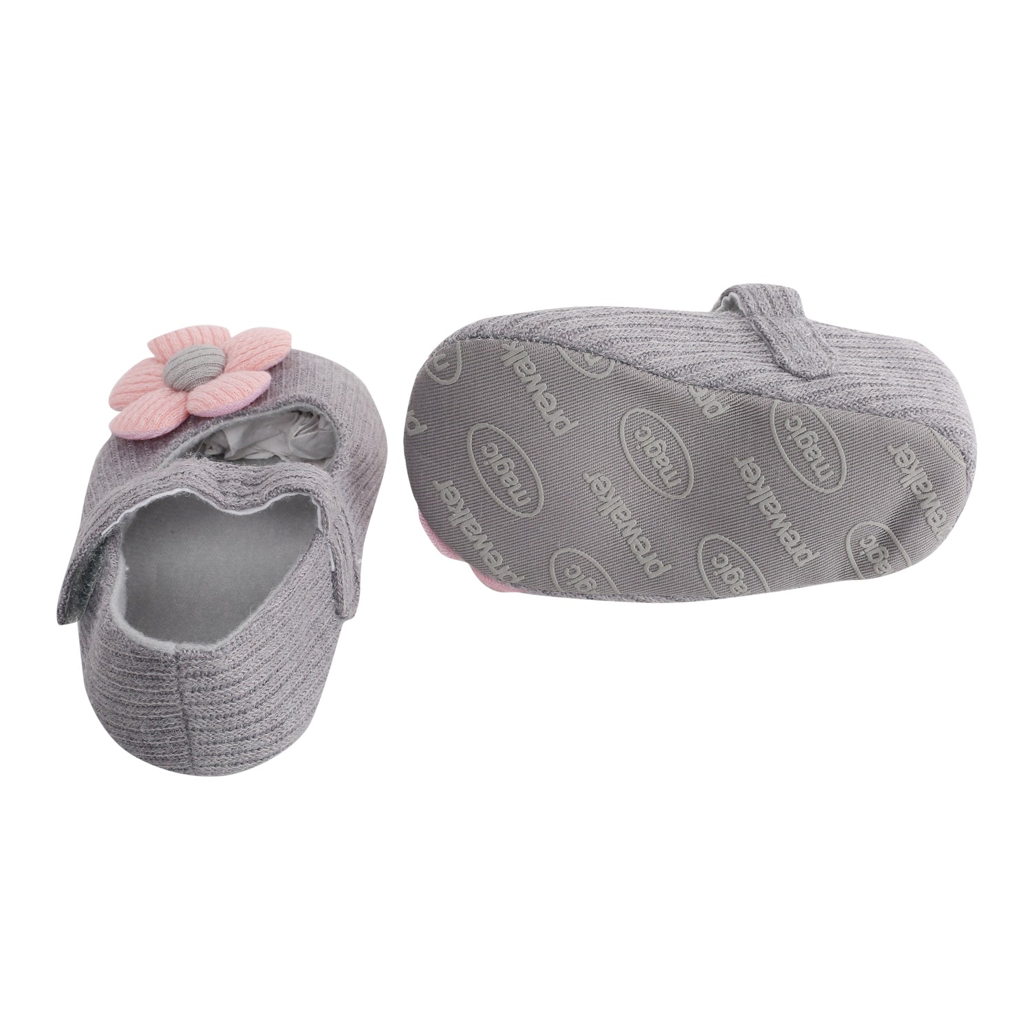 Baby Moo Floral Applique Grey And Peach Booties - Baby Moo
