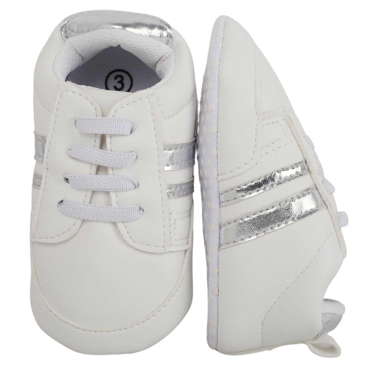 Baby Moo Metallic Silver Striped White Sneakers - Baby Moo
