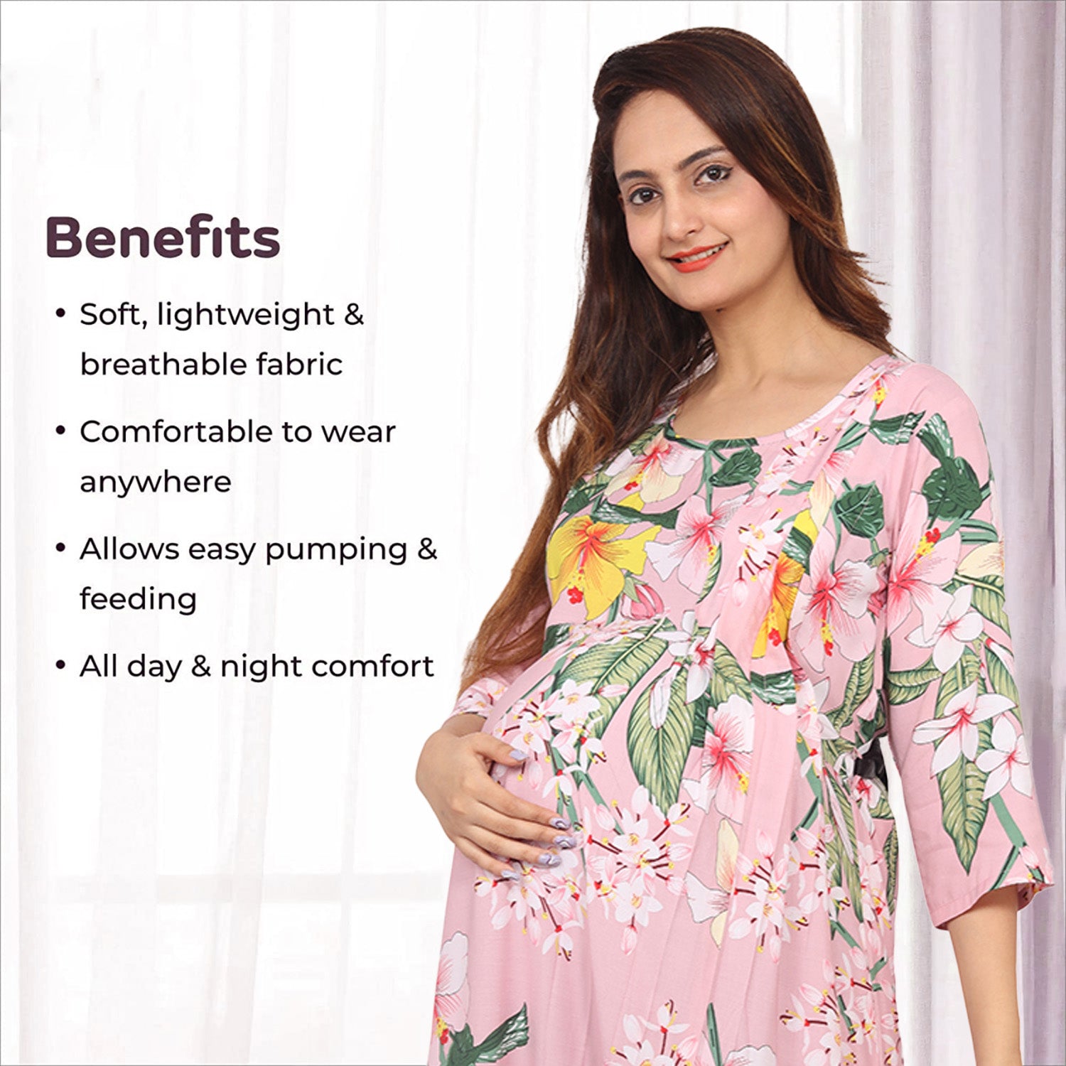 Baby Moo Full Length Comfortable Nursing And Maternity Dress Floral Lily - Pink - Baby Moo
