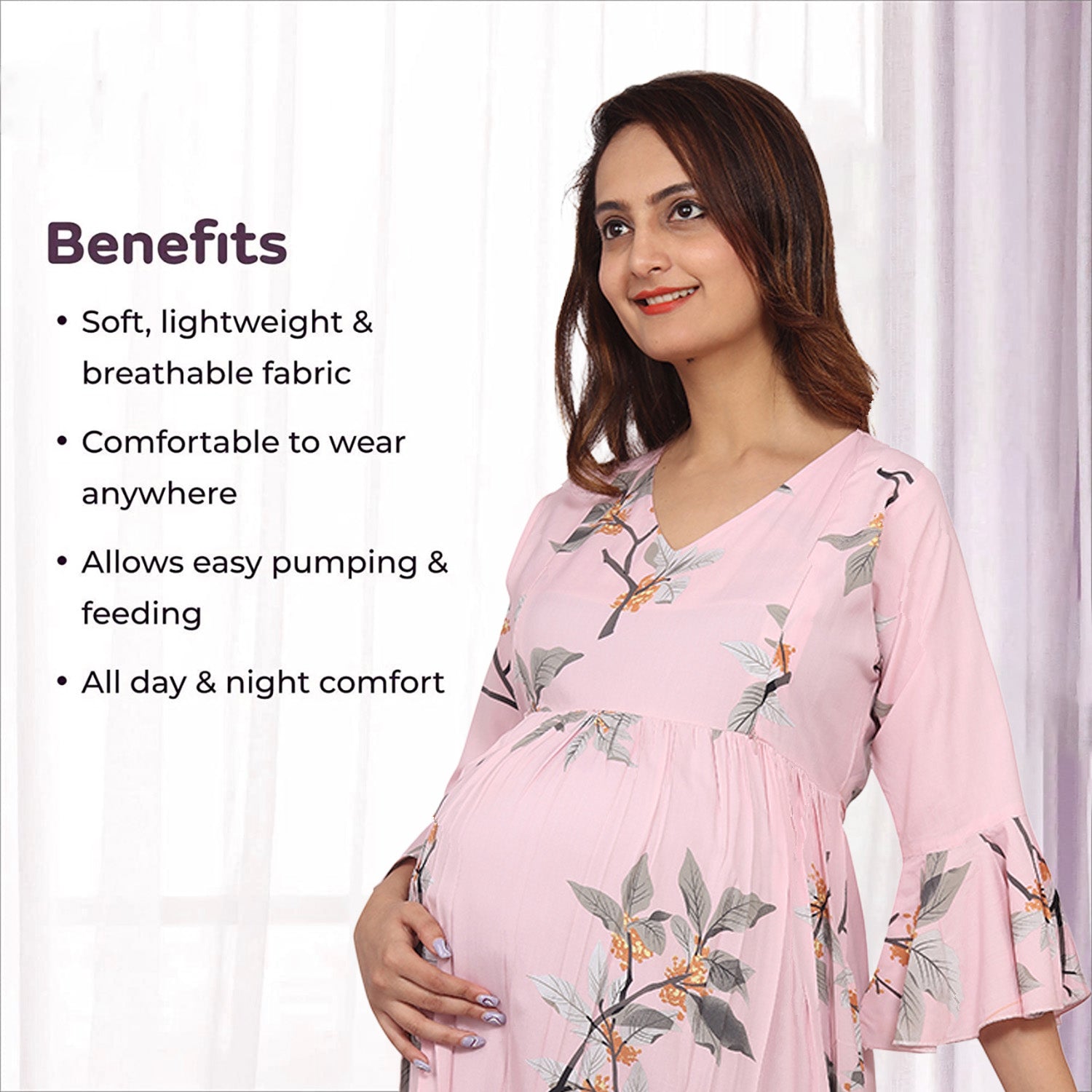 Baby Moo Half Sleeves Comfortable Nursing And Maternity Dress Flower Print - Pink