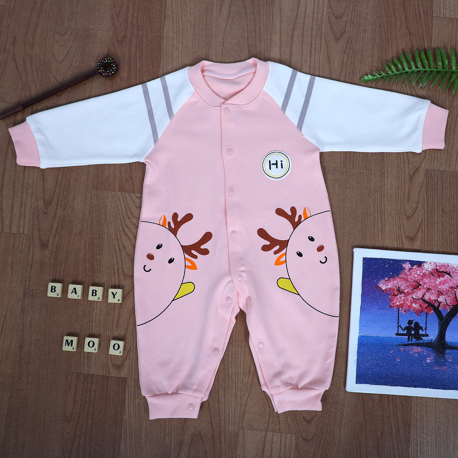 Hi Reindeer Full Sleeves One-Piece Snap Button Bodysuit - Pink - Baby Moo