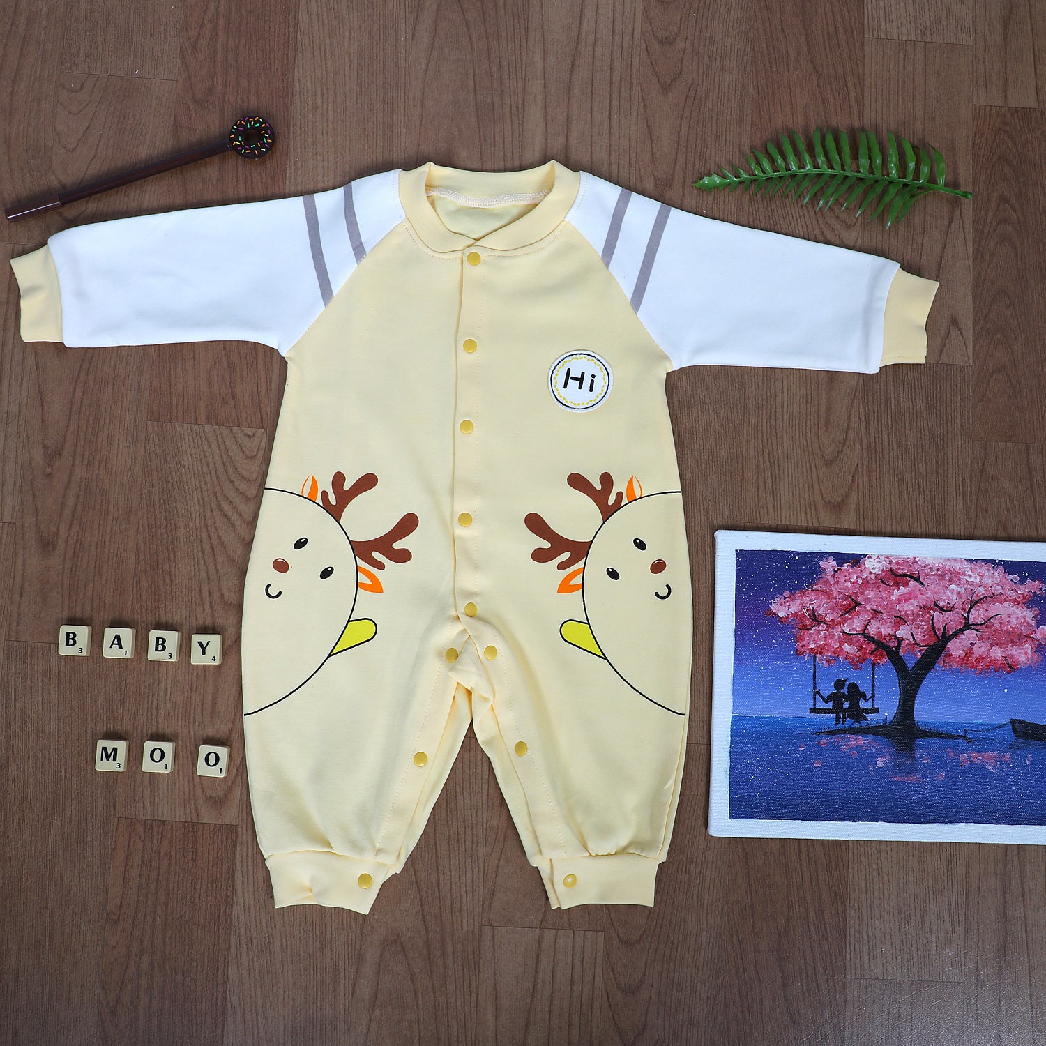 Hi Reindeer Full Sleeves Ankle Length One-Piece Snap Button Bodysuit - Yellow - Baby Moo
