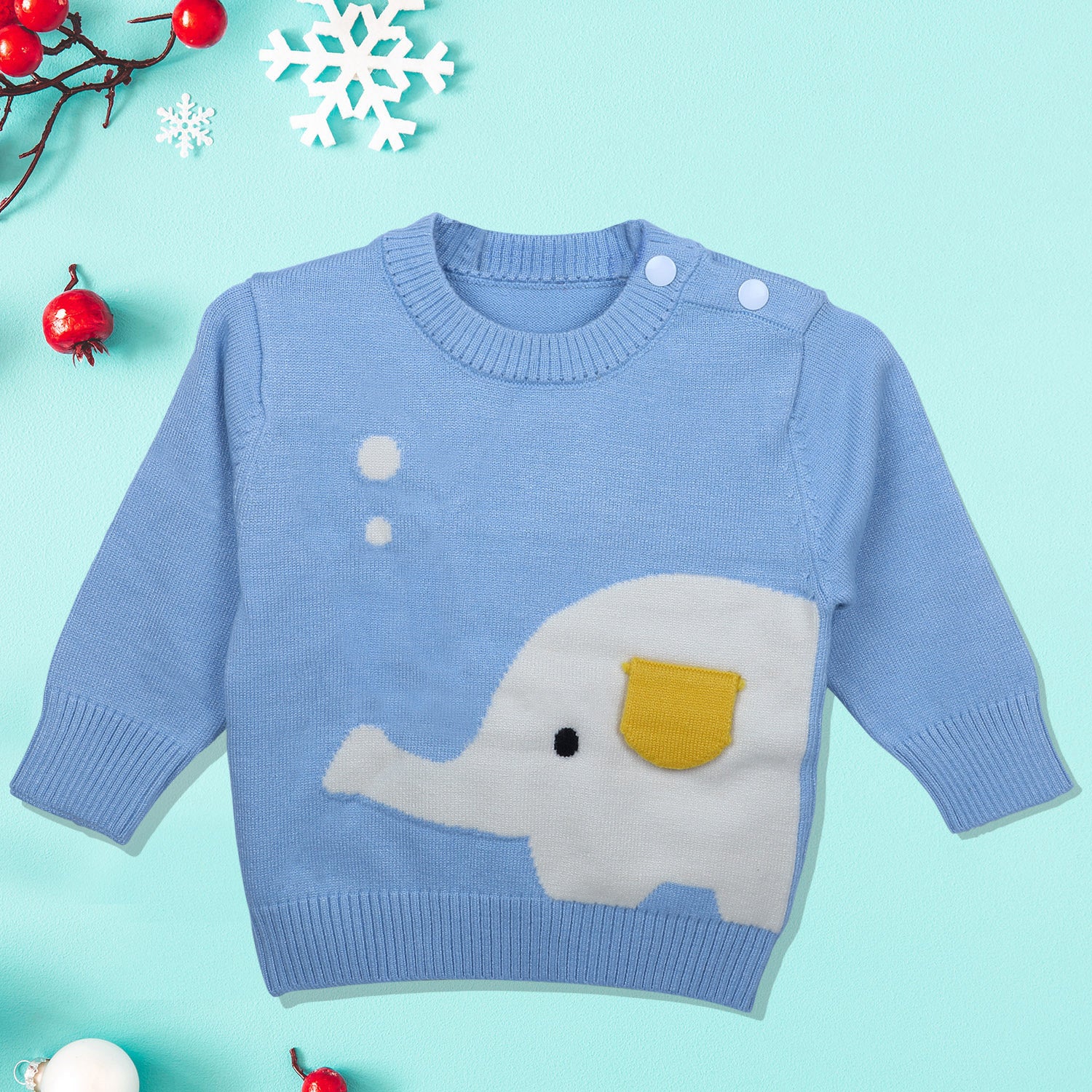 Elephant With 3D Ear Premium Full Sleeves Knitted Sweater - Blue - Baby Moo