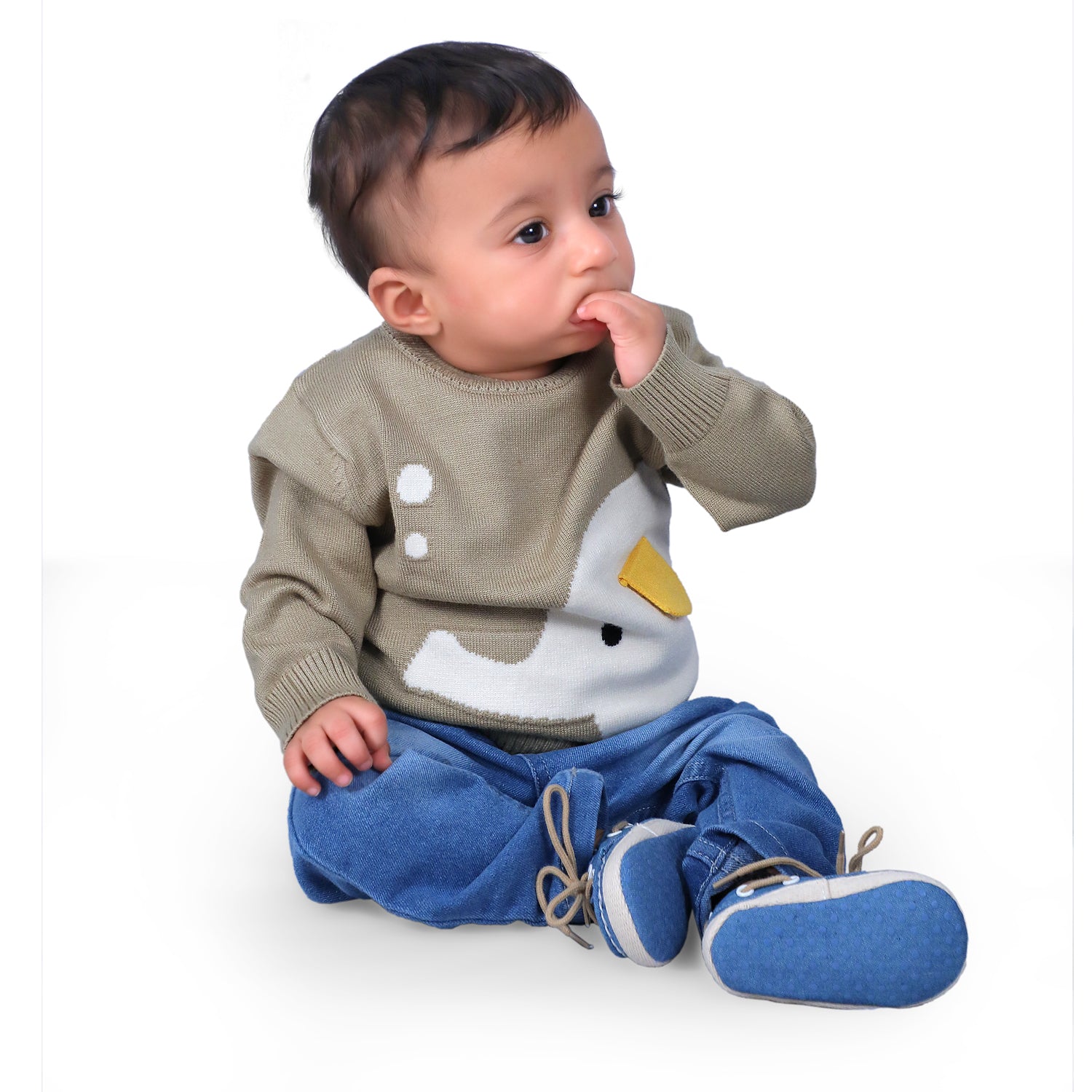 Elephant With 3D Ear Premium Full Sleeves Knitted Sweater - Olive Green - Baby Moo