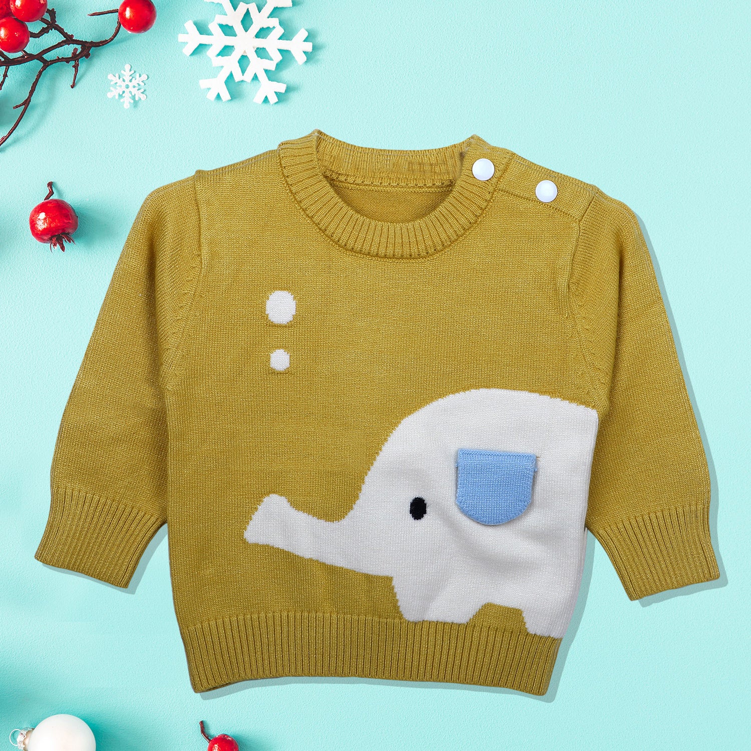 Elephant With 3D Ear Premium Full Sleeves Knitted Sweater - Mustard - Baby Moo