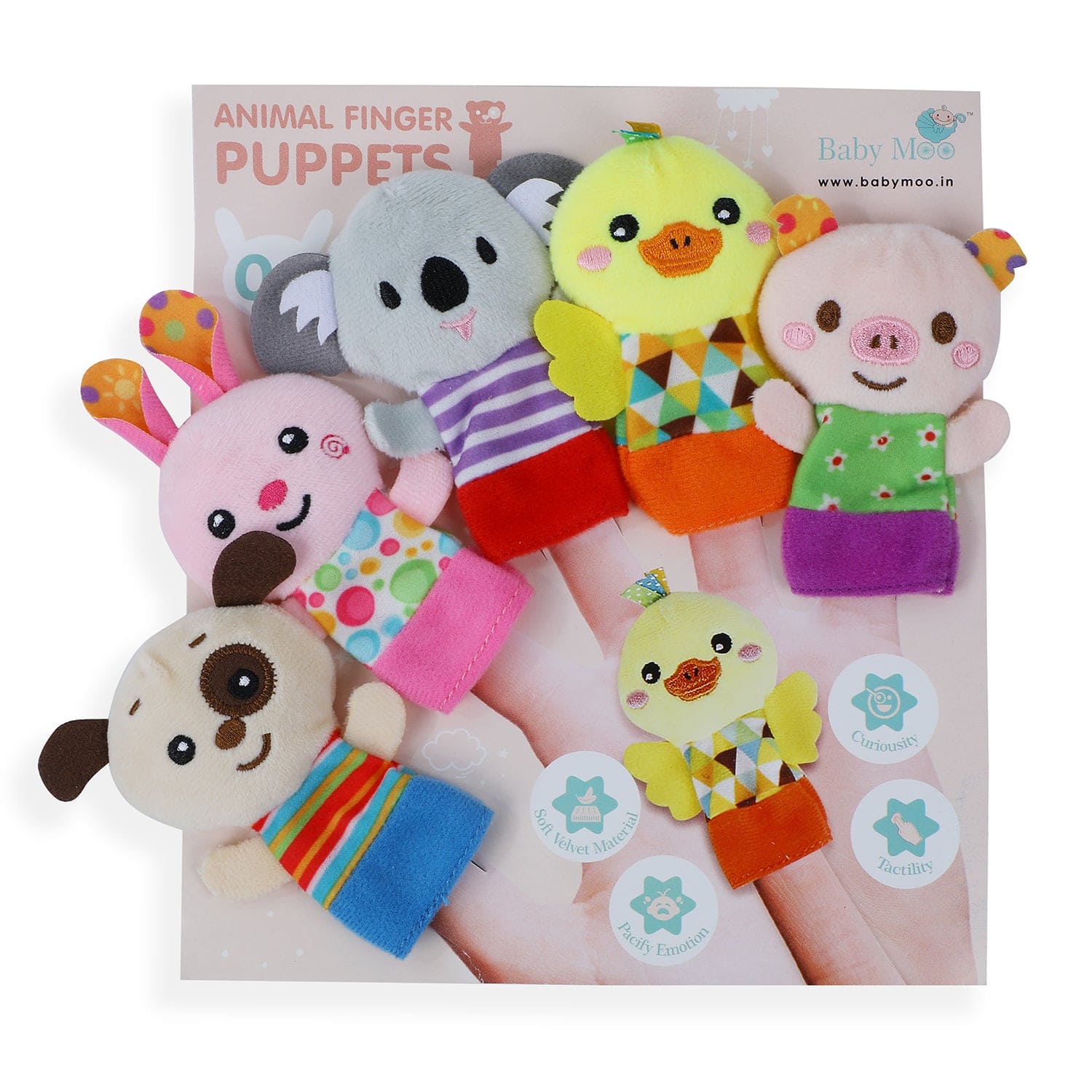 Animals Multicolour Set of 5 Finger Puppets - Baby Moo