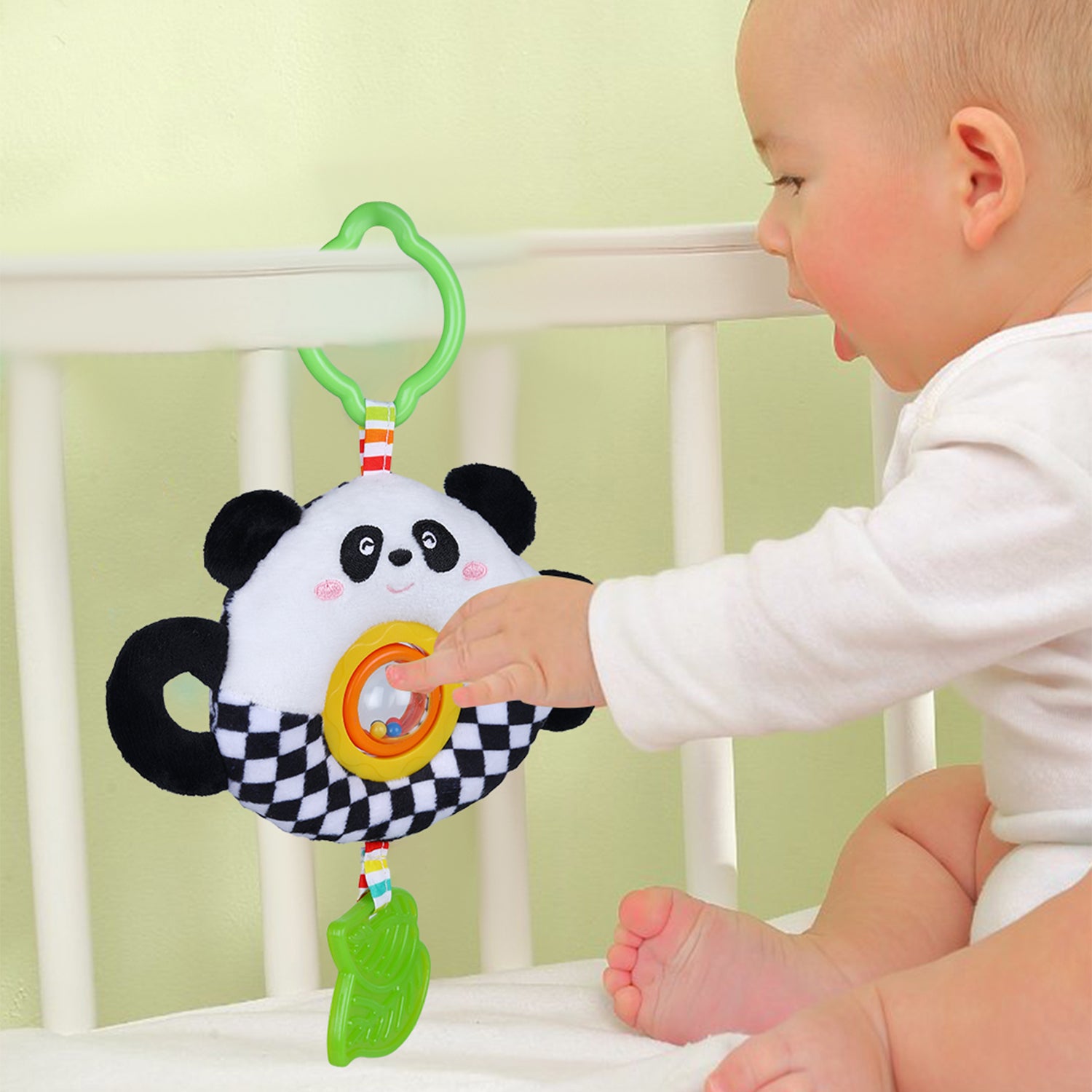 Panda Stroller Crib Hanging Plush Rattle Toy With Teether - Black - Baby Moo