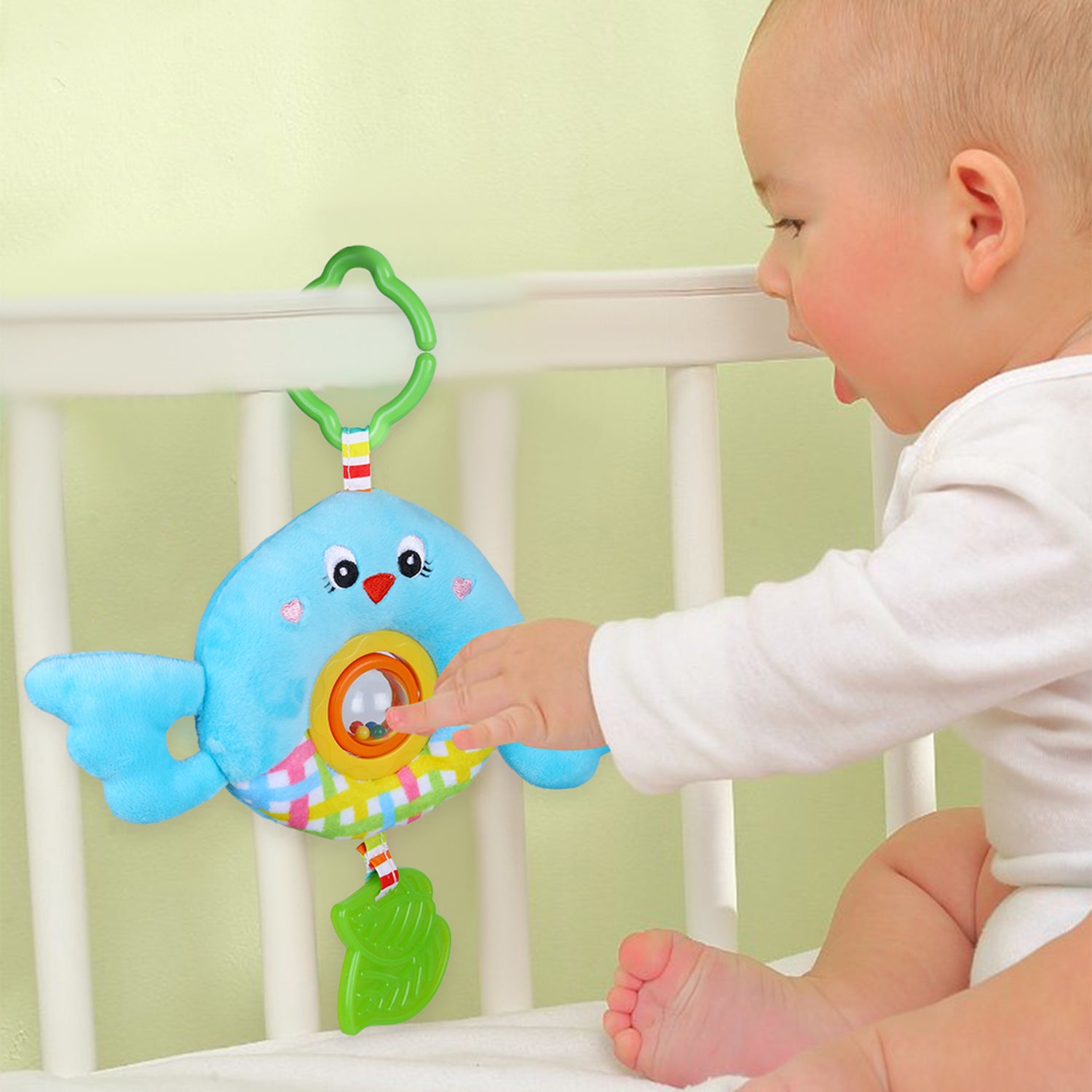 Bird Stroller Crib Hanging Plush Rattle Toy With Teether - Blue - Baby Moo