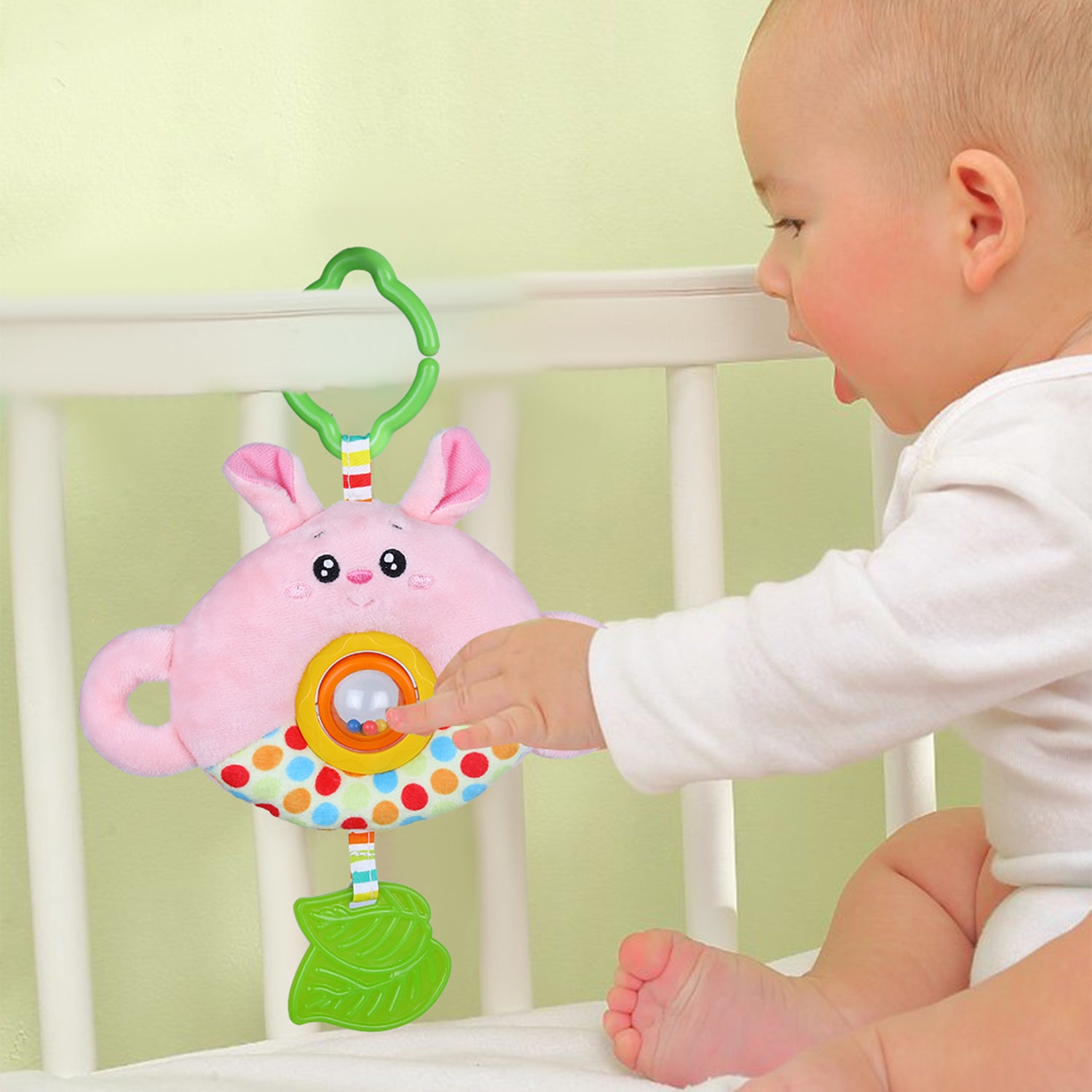 Bunny Stroller Crib Hanging Plush Rattle Toy With Teether - Pink - Baby Moo
