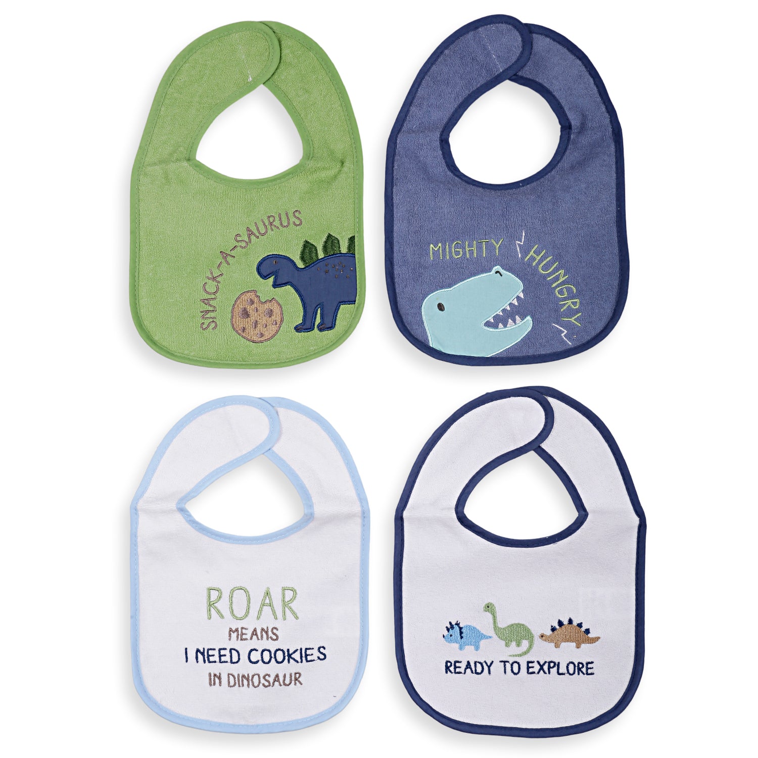 Feeding Bibs Pack Of 4 Hungry Dinosaur White Green And Blue - Baby Moo