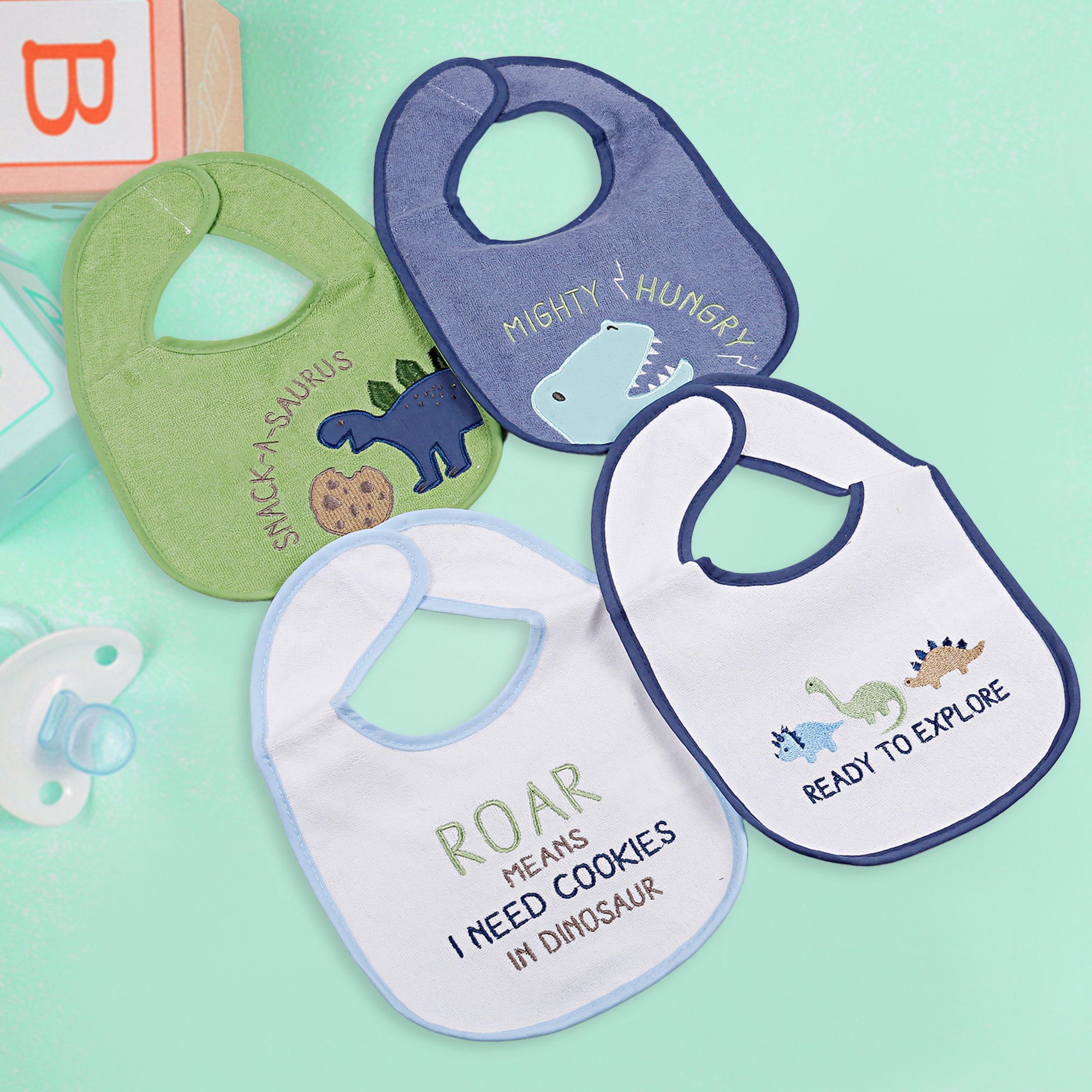Feeding Bibs Pack Of 4 Hungry Dinosaur White Green And Blue
