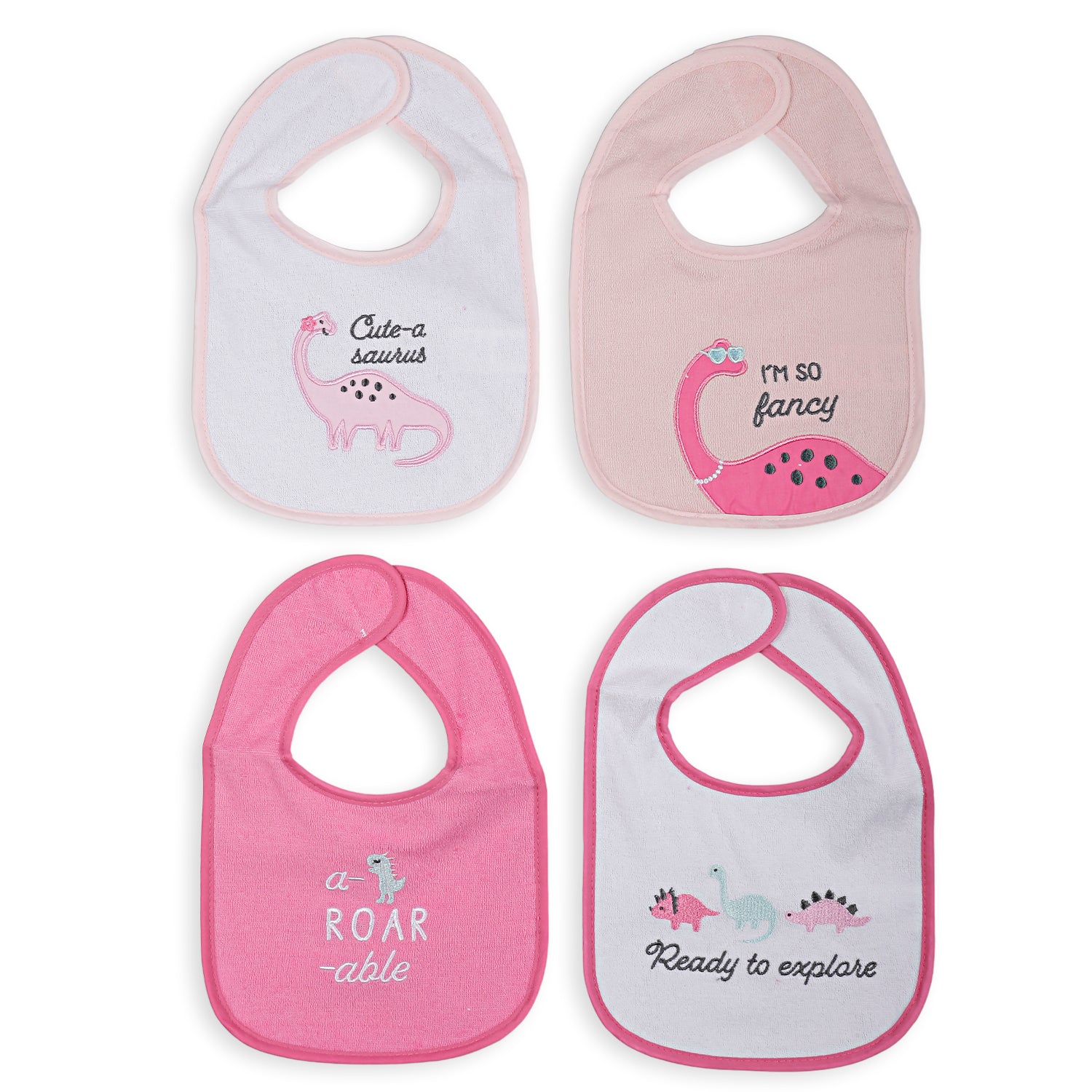 Feeding Bibs Pack Of 4 I'm So Fancy Dino White And Pink - Baby Moo
