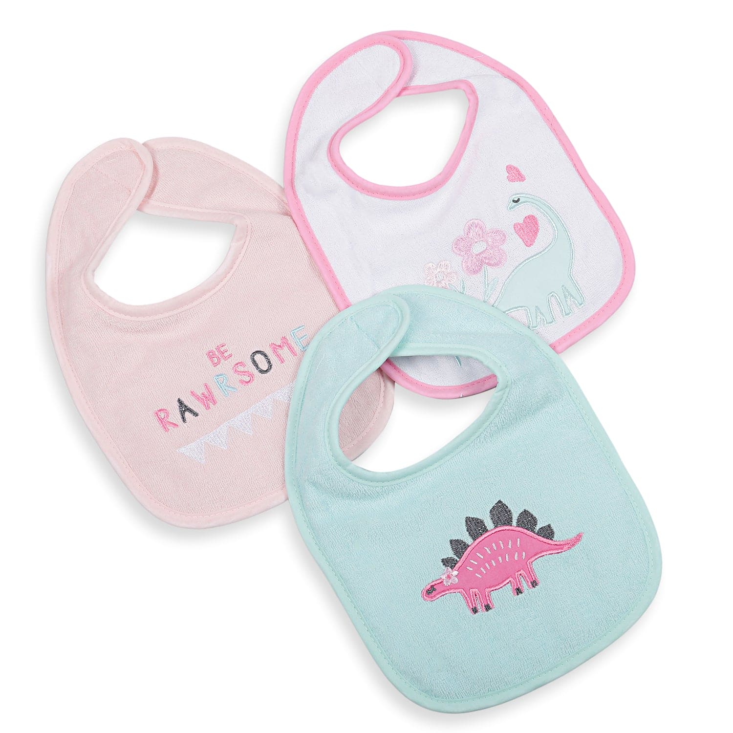 Feeding Bibs Pack Of 3 Rawrsome Dino Pink And Green - Baby Moo