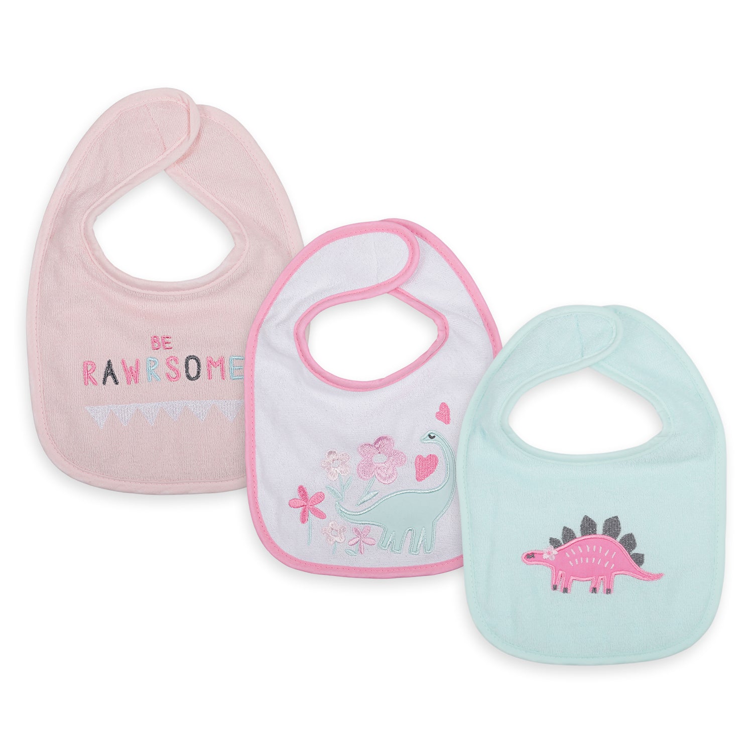 Feeding Bibs Pack Of 3 Rawrsome Dino Pink And Green - Baby Moo