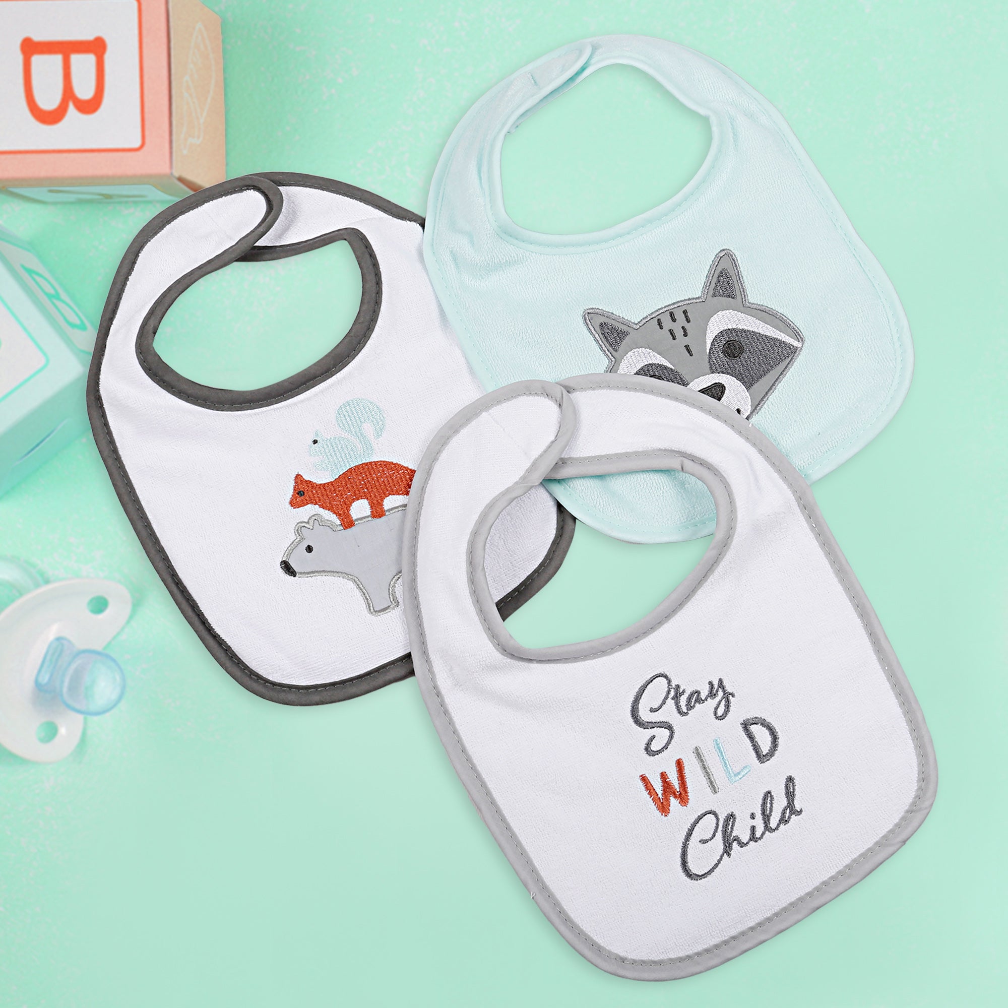 Feeding Bibs Pack Of 3 Wild Child White And Mint Green - Baby Moo