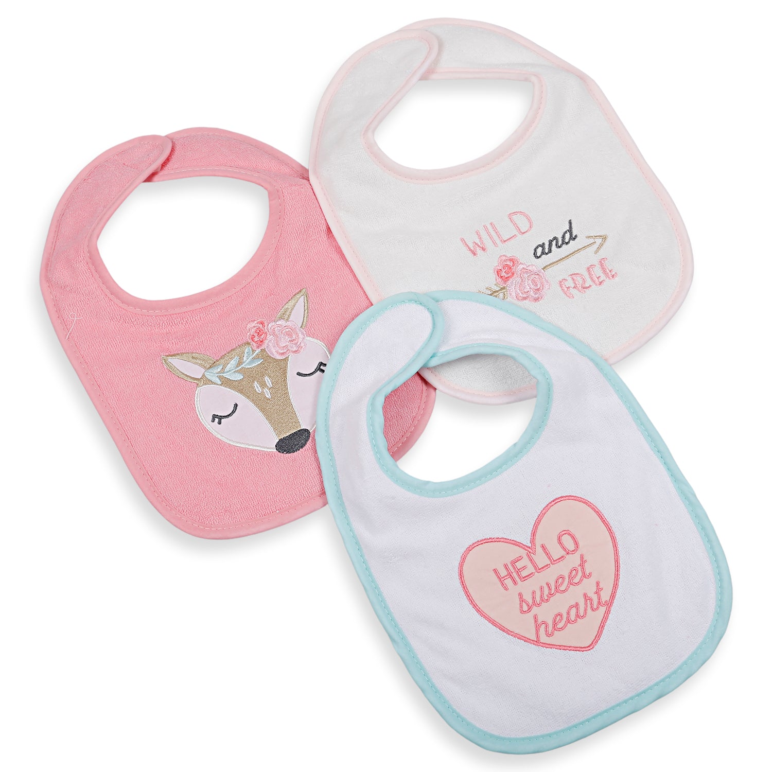 Feeding Bibs Pack Of 3 Wild And Free White And Pink - Baby Moo