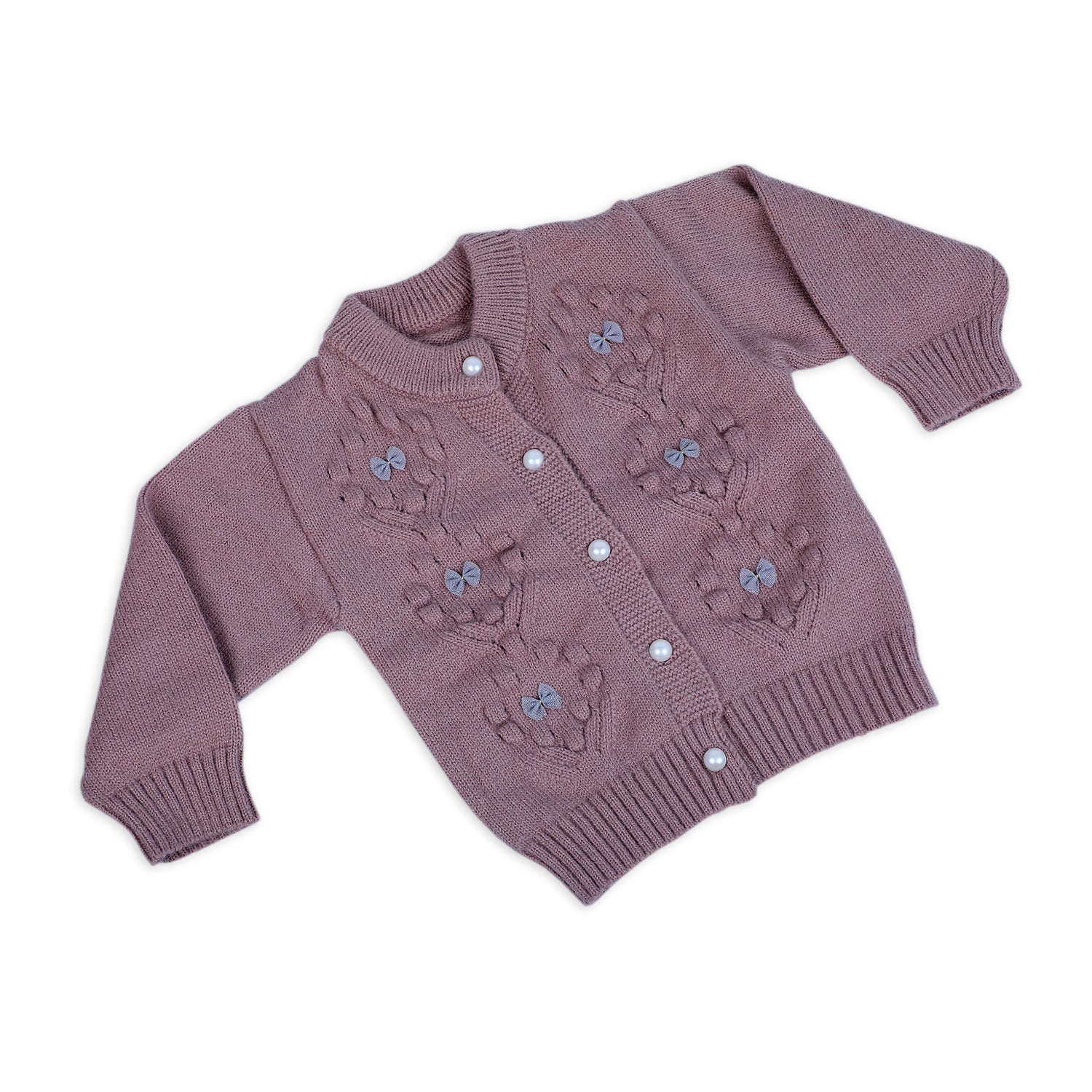 Elegant Bow And Pearl Buttons Premium Full Sleeves Knitted Sweater - Mauve - Baby Moo