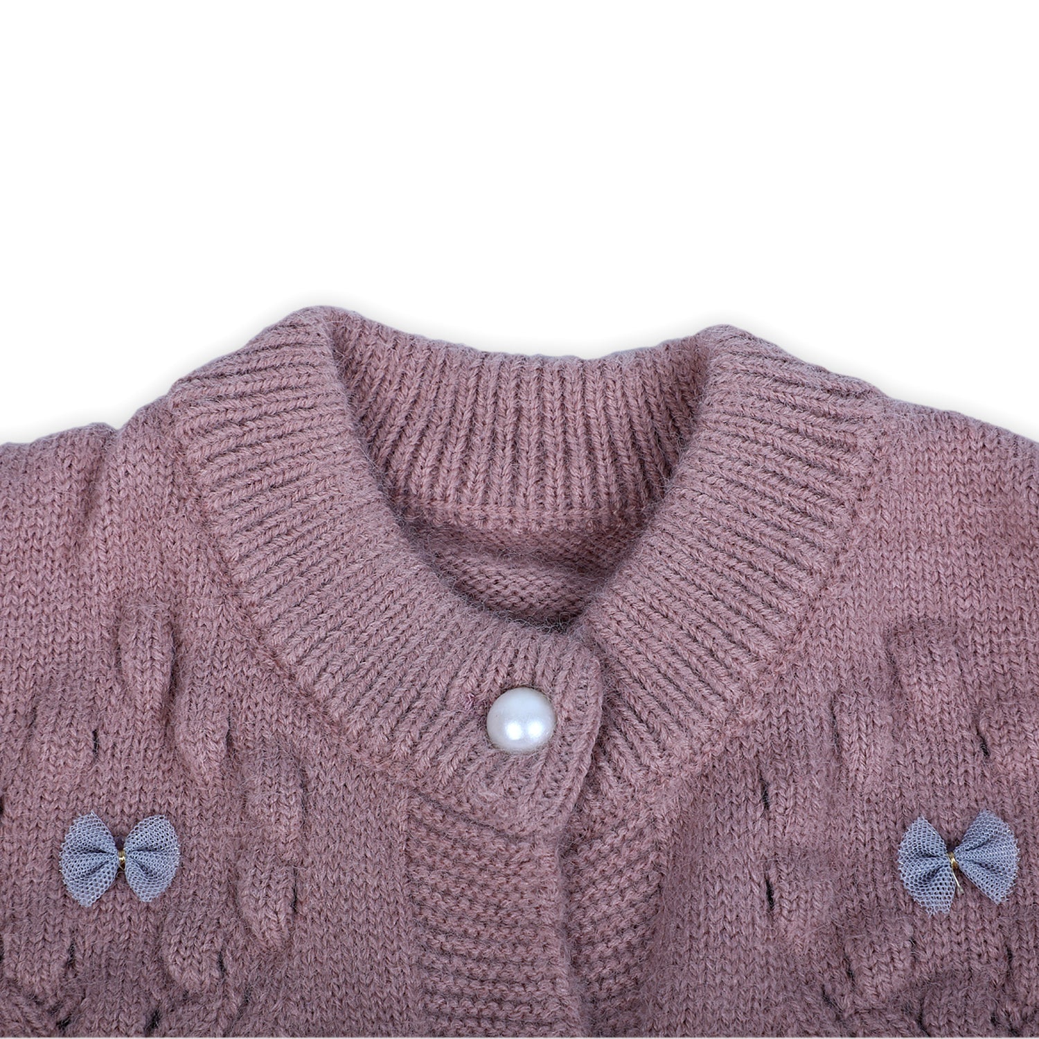 Elegant Bow And Pearl Buttons Premium Full Sleeves Knitted Sweater - Mauve - Baby Moo