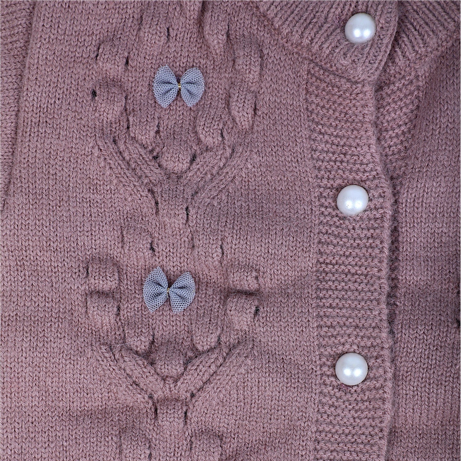 Elegant Bow And Pearl Buttons Premium Full Sleeves Knitted Sweater - Mauve