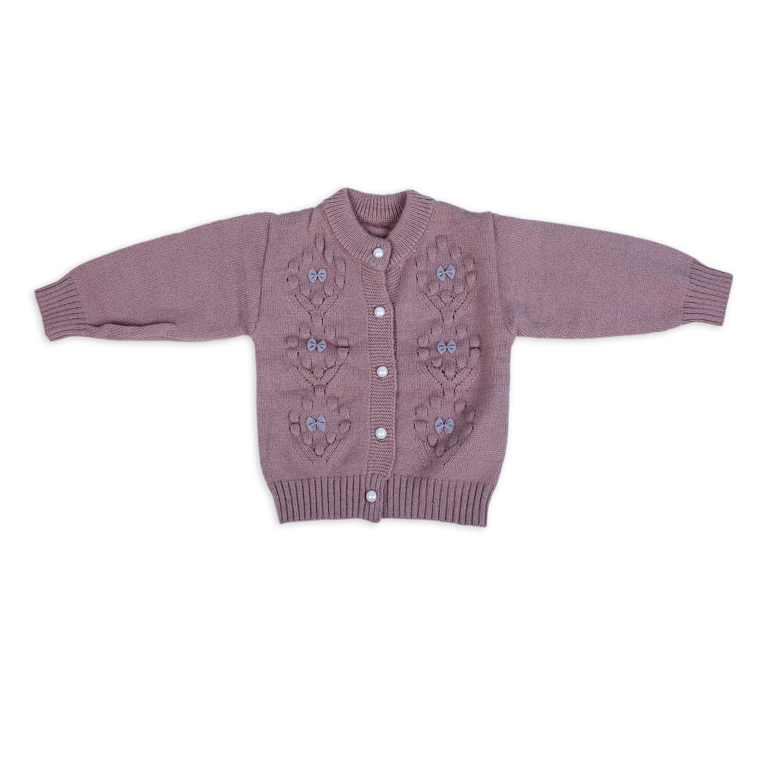 Elegant Bow And Pearl Buttons Premium Full Sleeves Knitted Sweater - Mauve